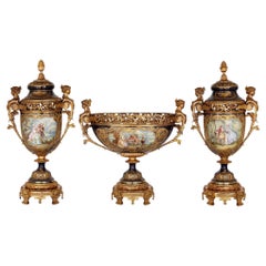 Sèvres Style Porcelain and Gilt Bronze Jardinière and Vase Garniture Suite