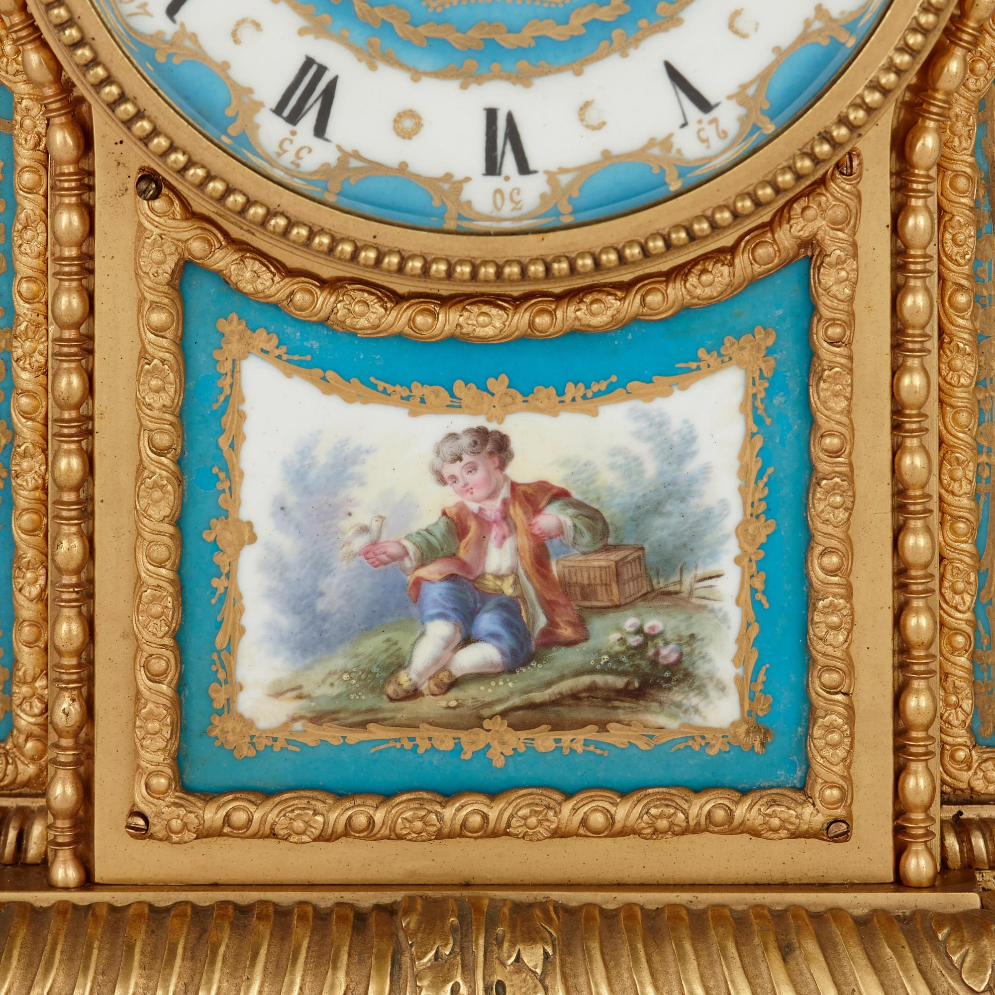 French Sèvres Style Porcelain and Gilt Bronze Mantel Clock For Sale
