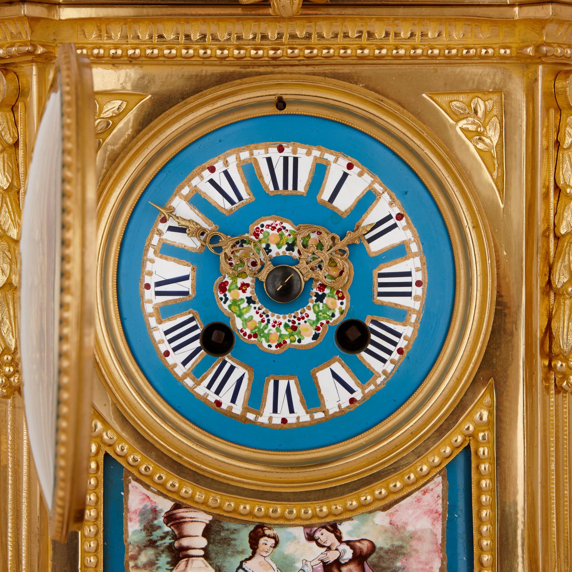 Rococo Sèvres Style Porcelain and Gilt Bronze Three-Piece Clock Set For Sale