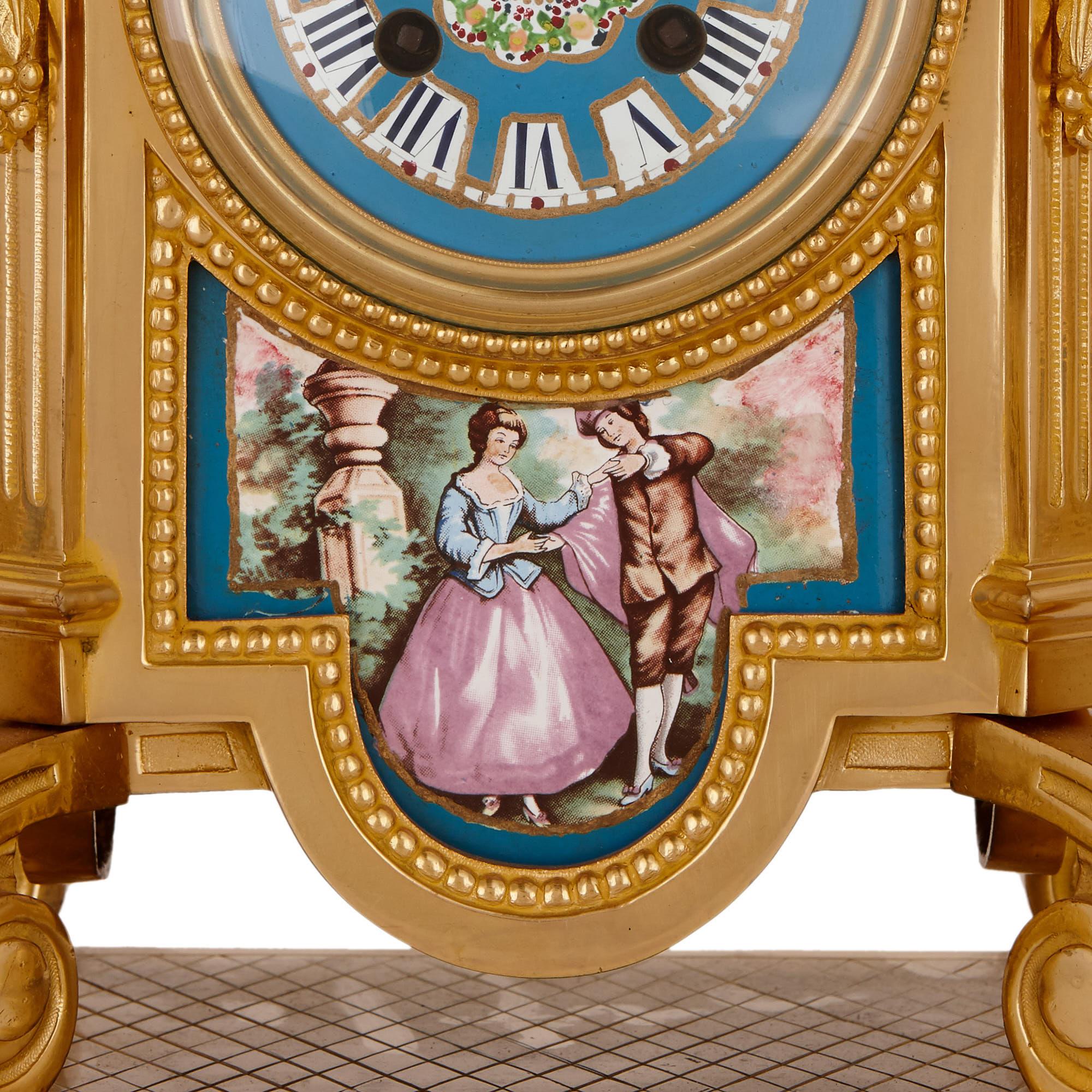 French Sèvres Style Porcelain and Gilt Bronze Three-Piece Clock Set For Sale