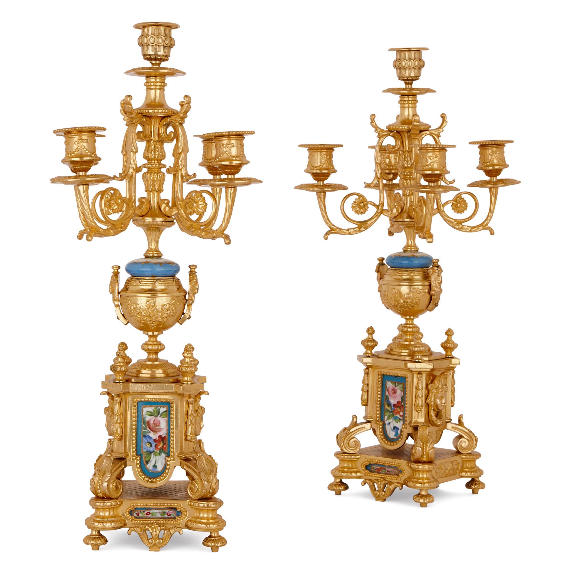 19th Century Sèvres Style Porcelain and Gilt Bronze Three-Piece Clock Set For Sale