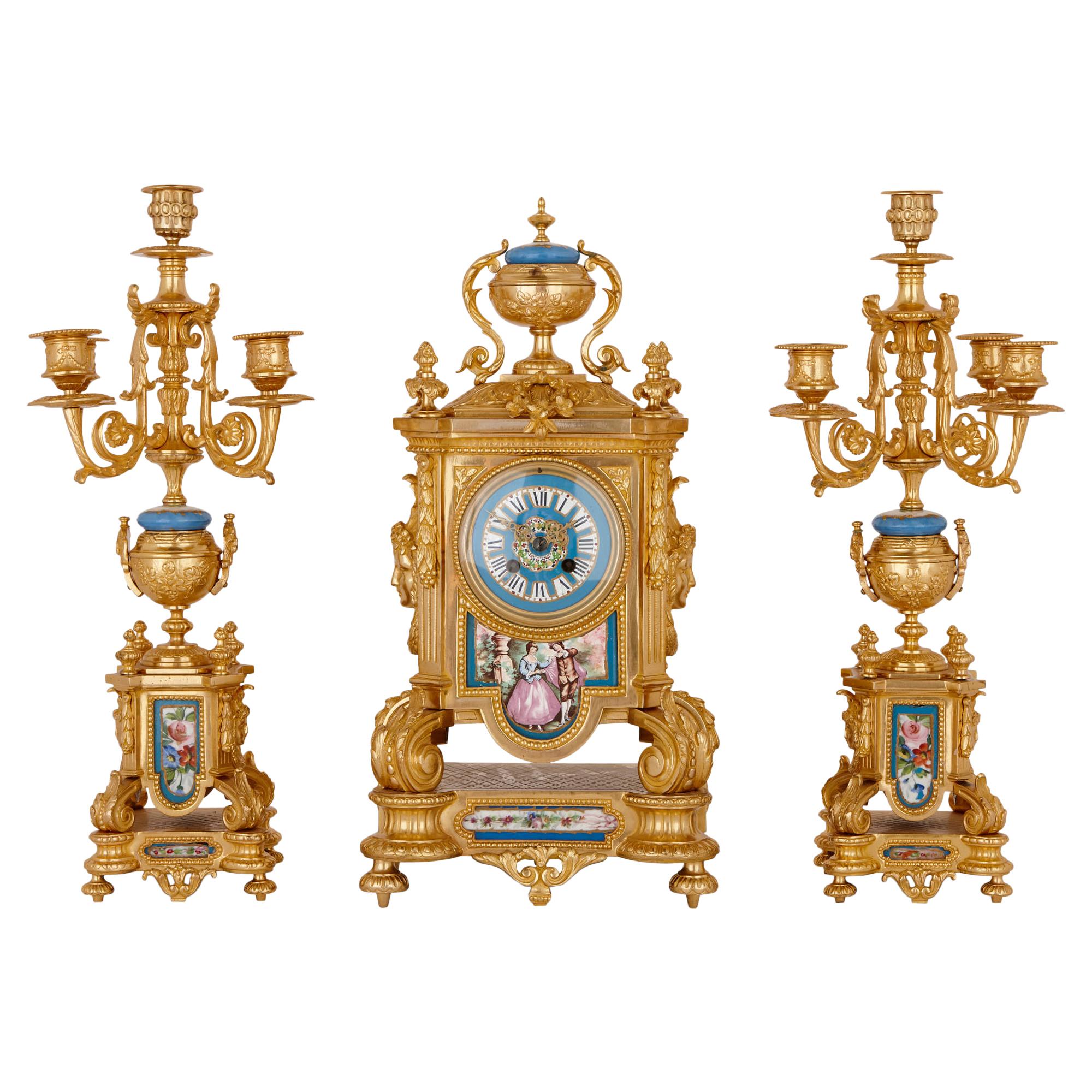 Sèvres Style Porcelain and Gilt Bronze Three-Piece Clock Set