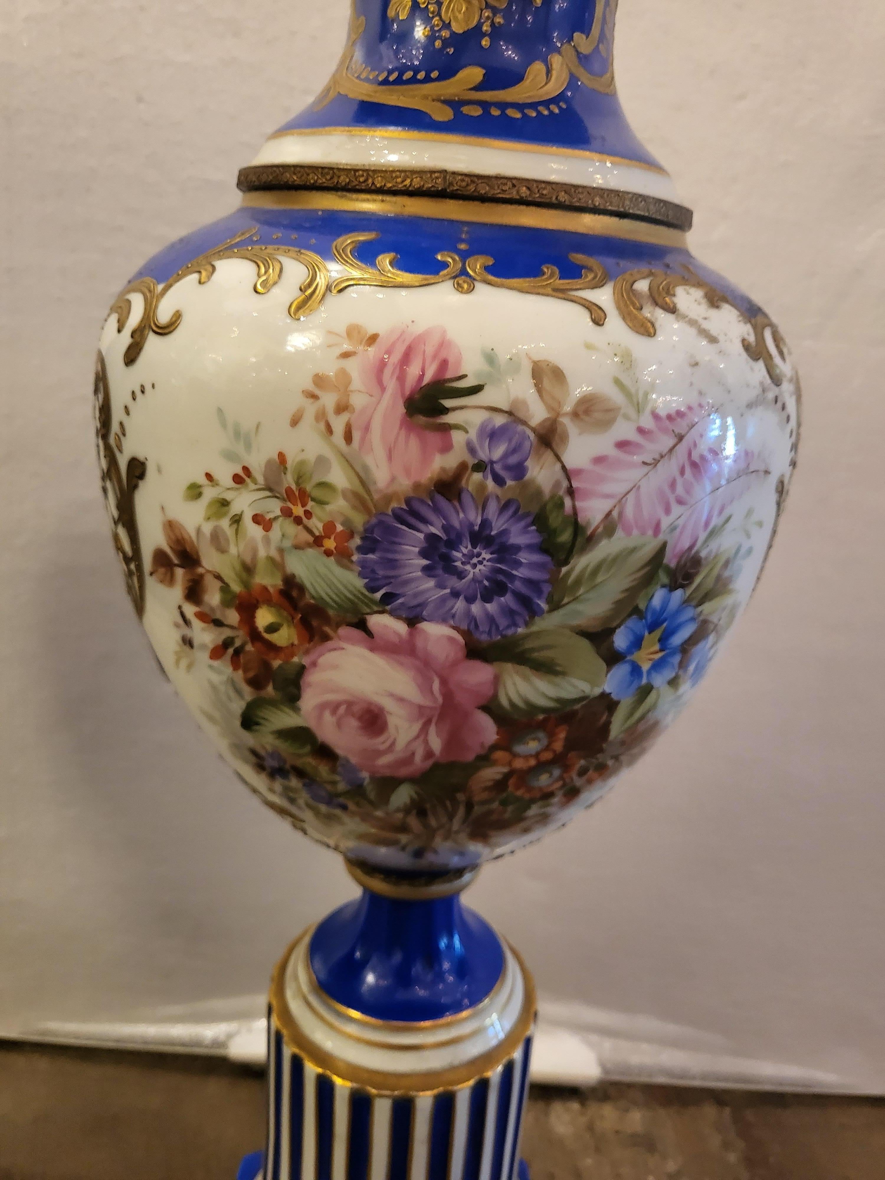 Hand-Crafted Sevres Style Porcelain Bolted Urns Garnitures For Sale