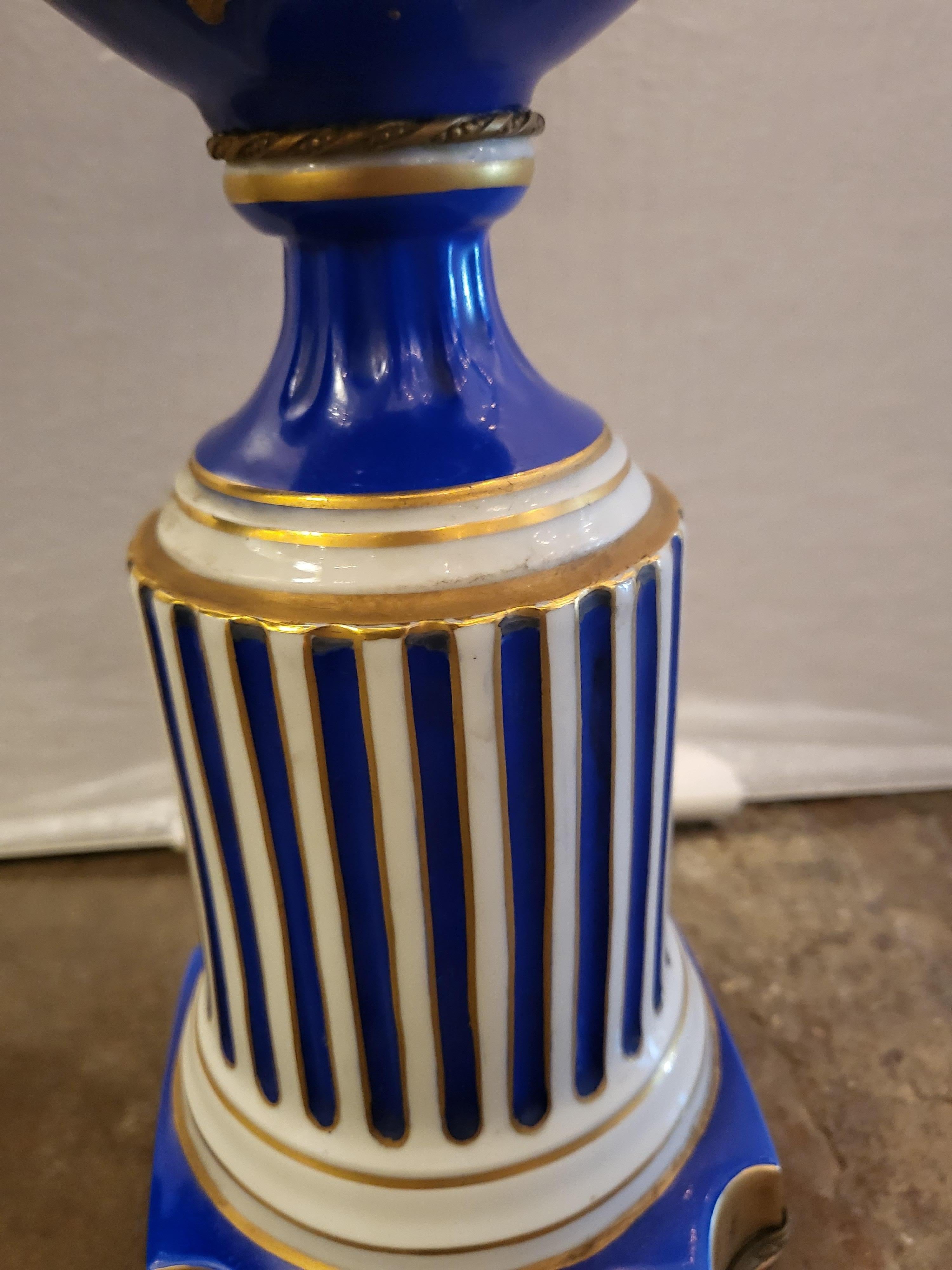 Sevres Style Porcelain Bolted Urns Garnitures In Excellent Condition For Sale In Dallas, TX