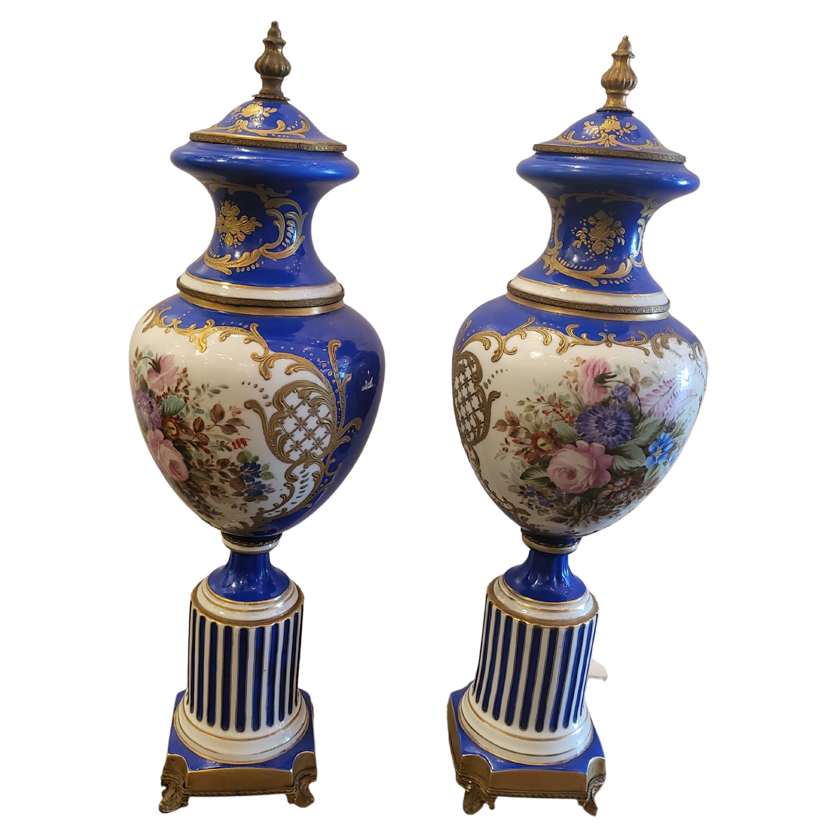 Sevres Style Porcelain Bolted Urns Garnitures For Sale