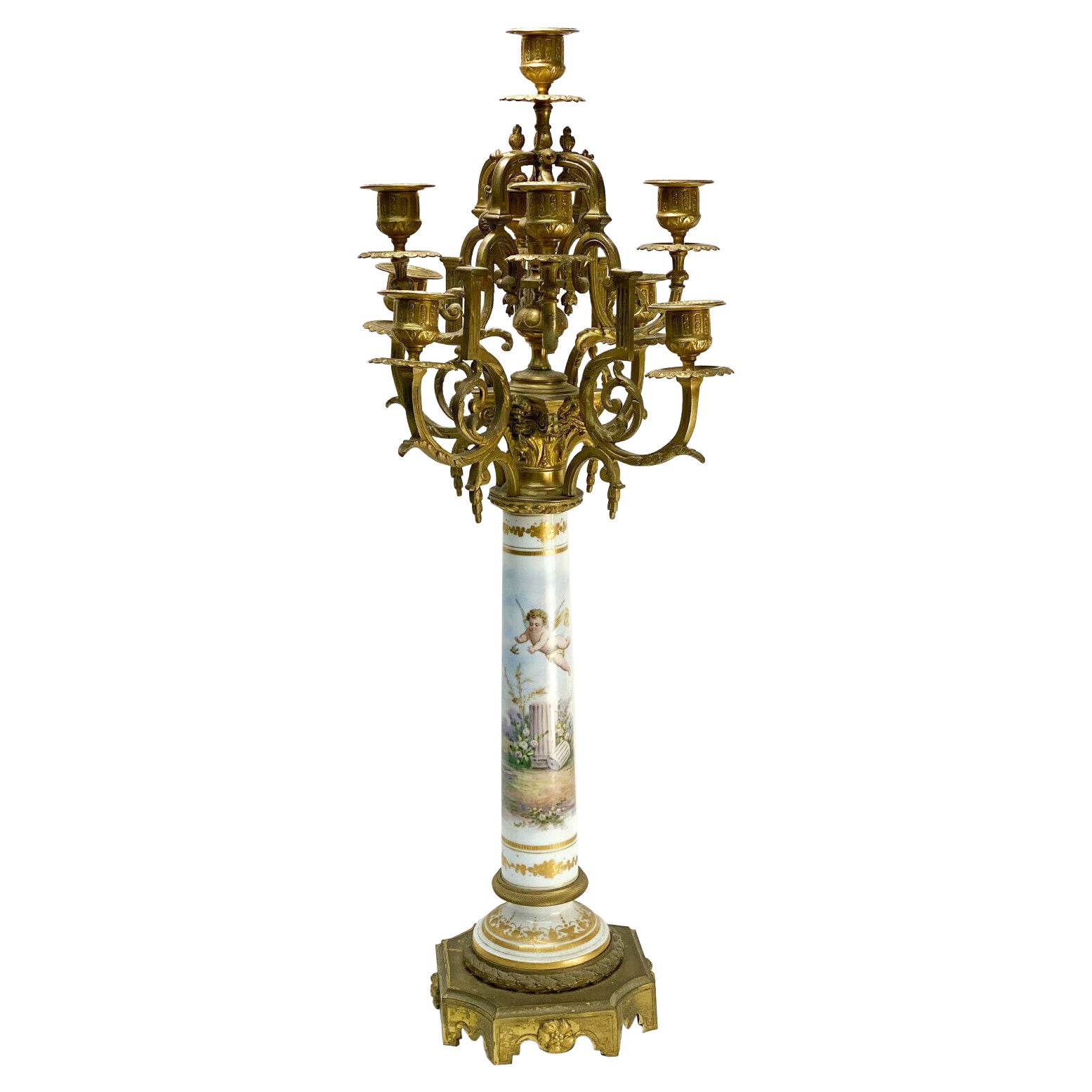 Sevres Style Porcelain & Gilt Bronze 10 Arm Candelabra, circa 1900. Cherubs For Sale