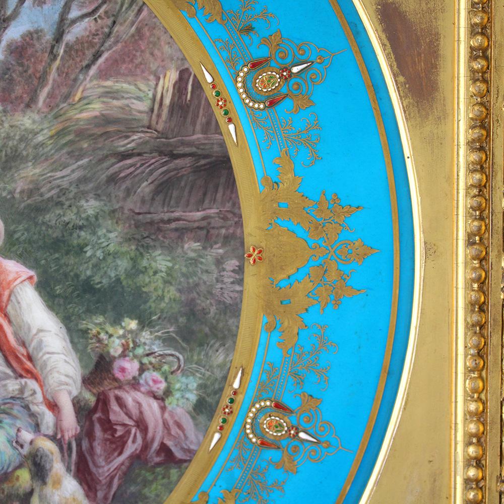 Hand-Painted Sevres Style Porcelain Jewelled Plaque