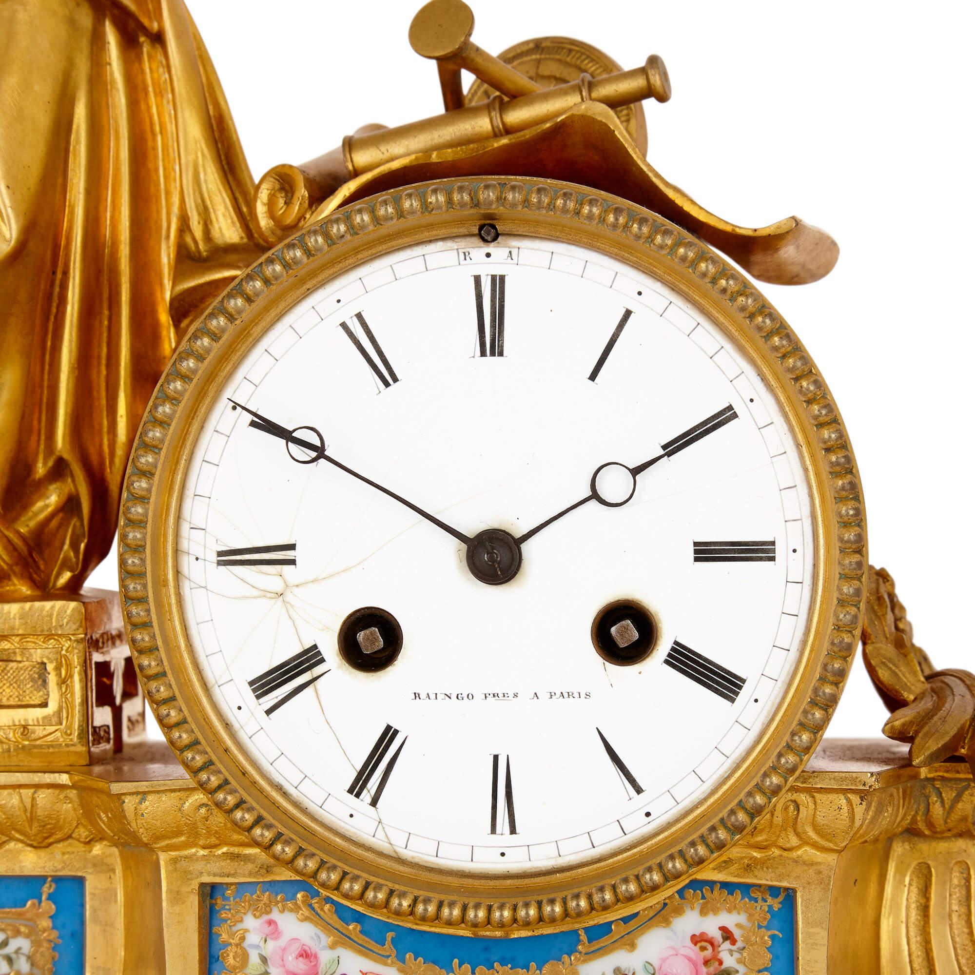 19th Century Three-piece French porcelain and gilt bronze clock set For Sale