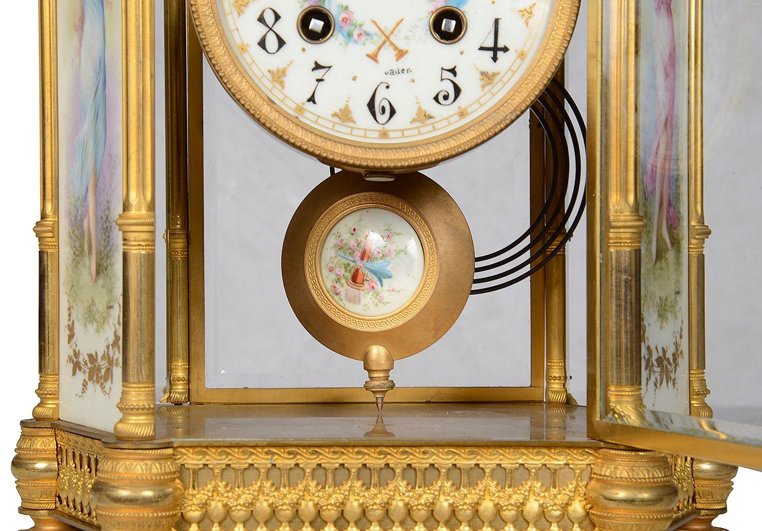French Sevres style porcelain panelled mantle clock, circa 1890 For Sale
