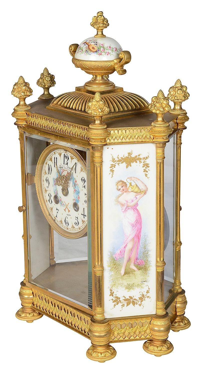 Sevres style porcelain panelled mantle clock, circa 1890 In Good Condition For Sale In Brighton, Sussex