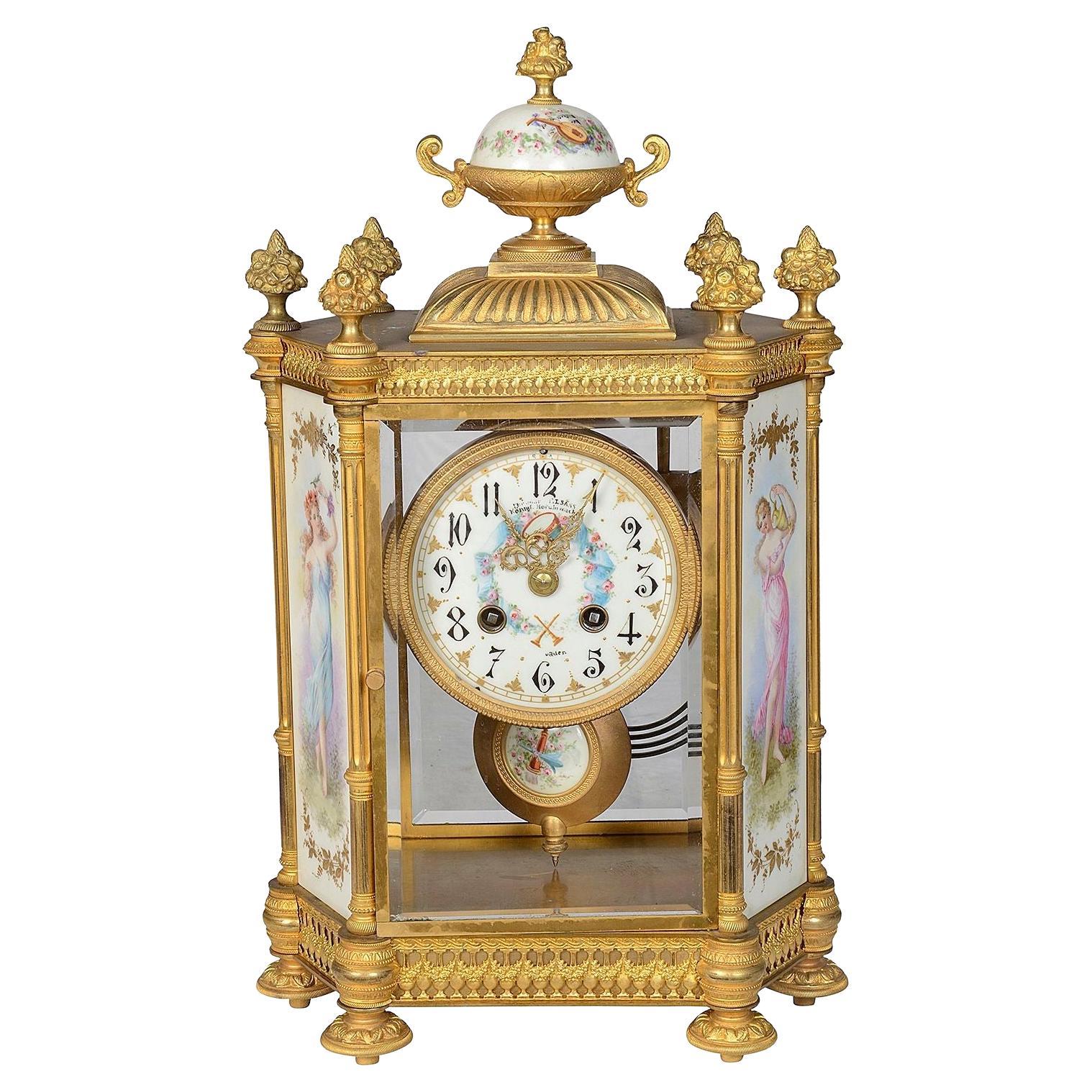 Sevres style porcelain panelled mantle clock, circa 1890 For Sale