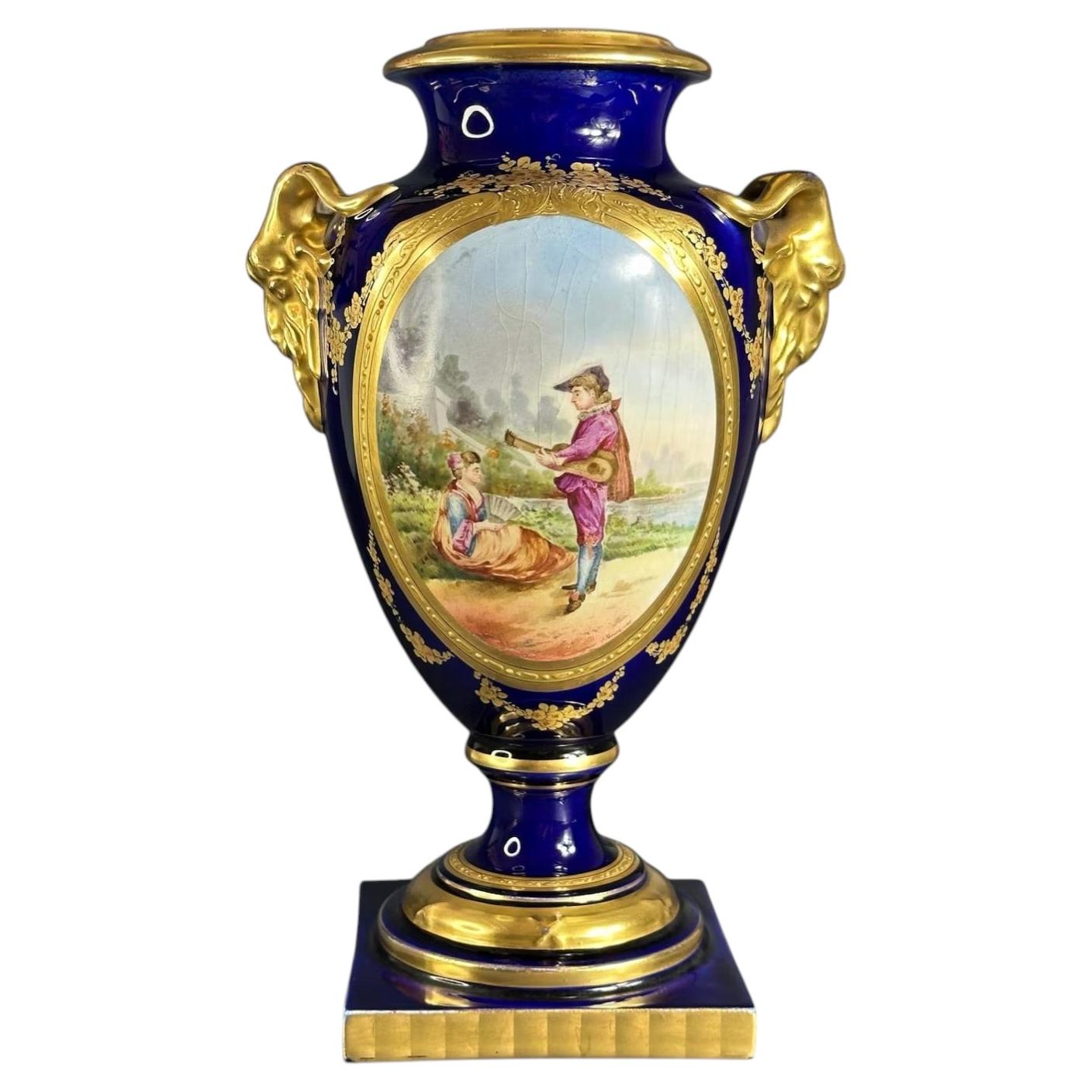 Sèvres-Style Porcelain Vase with Ram Head Handles - France - Early 20th Century