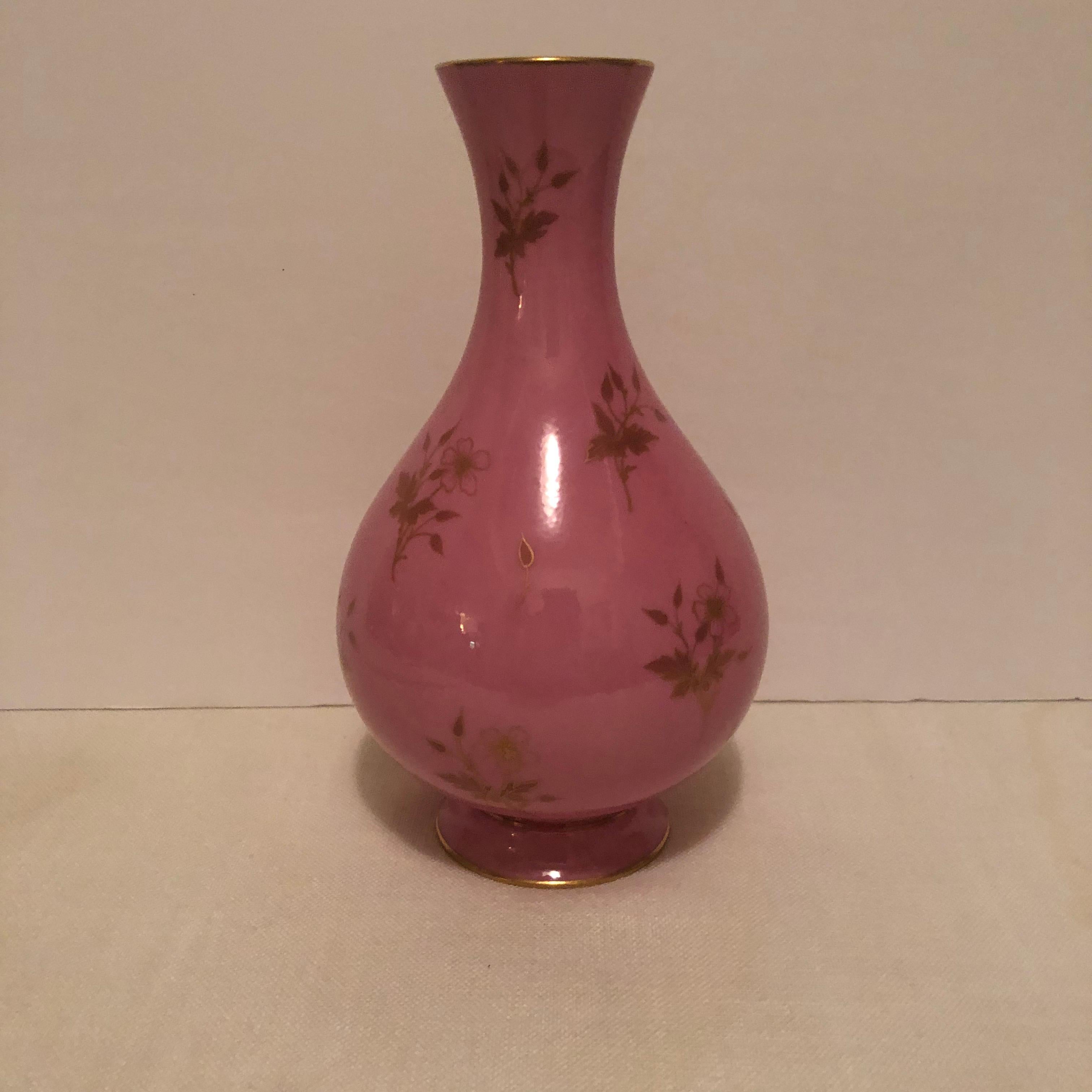Hand-Painted Sevres Vase in the Pink Pompadour Color Accented With Painted Gold Flowers