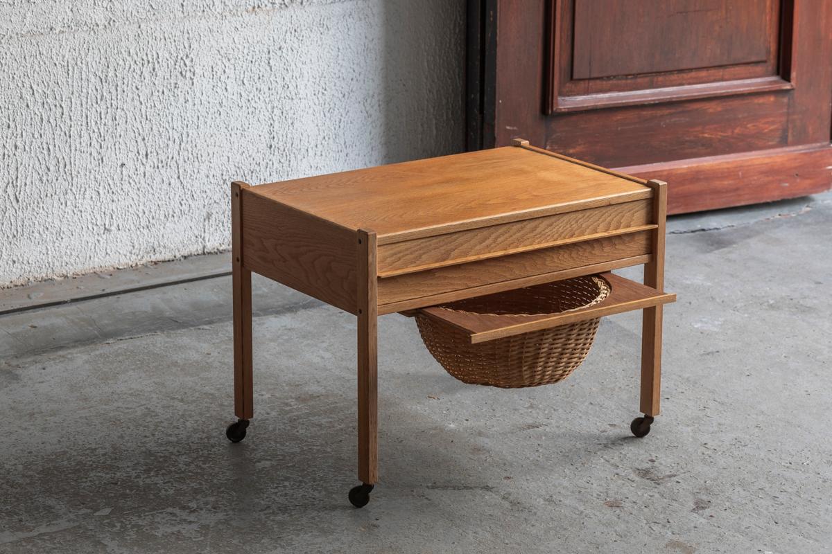 Mid-Century Modern Sewing Table with Drawer and Rattan Basket, Denmark, 1960s For Sale