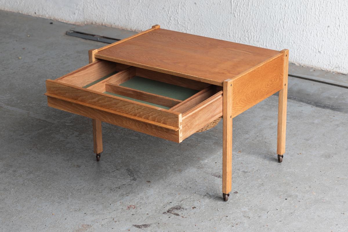 Mid-20th Century Sewing Table with Drawer and Rattan Basket, Denmark, 1960s For Sale