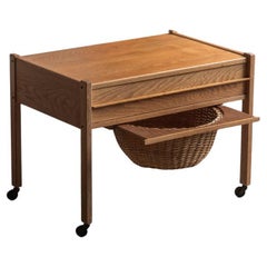 Vintage Sewing Table with Drawer and Rattan Basket, Denmark, 1960s