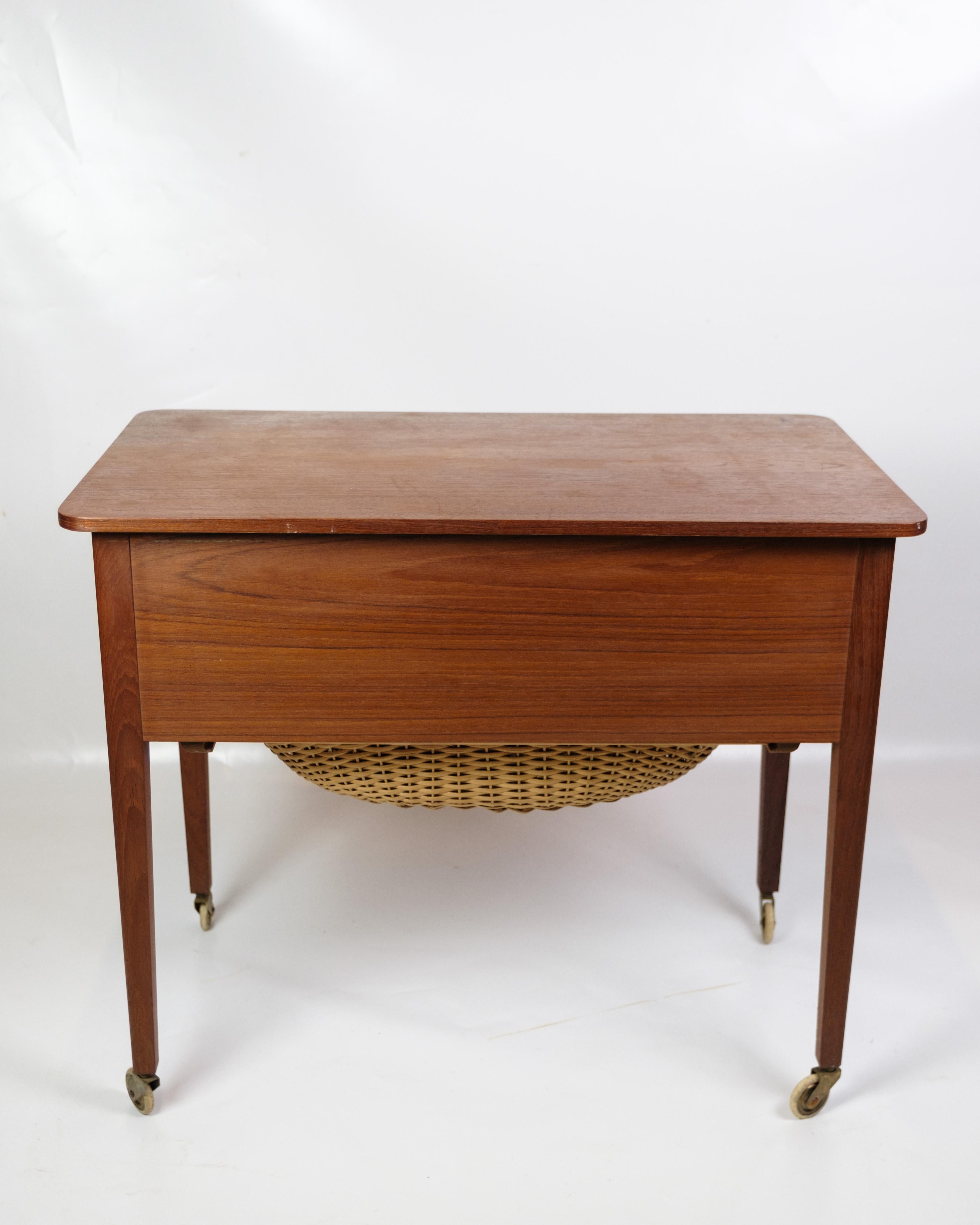 Mid-20th Century Sewing Table With Drawers & Wheels Made In Teak, Danish Design From 1960s