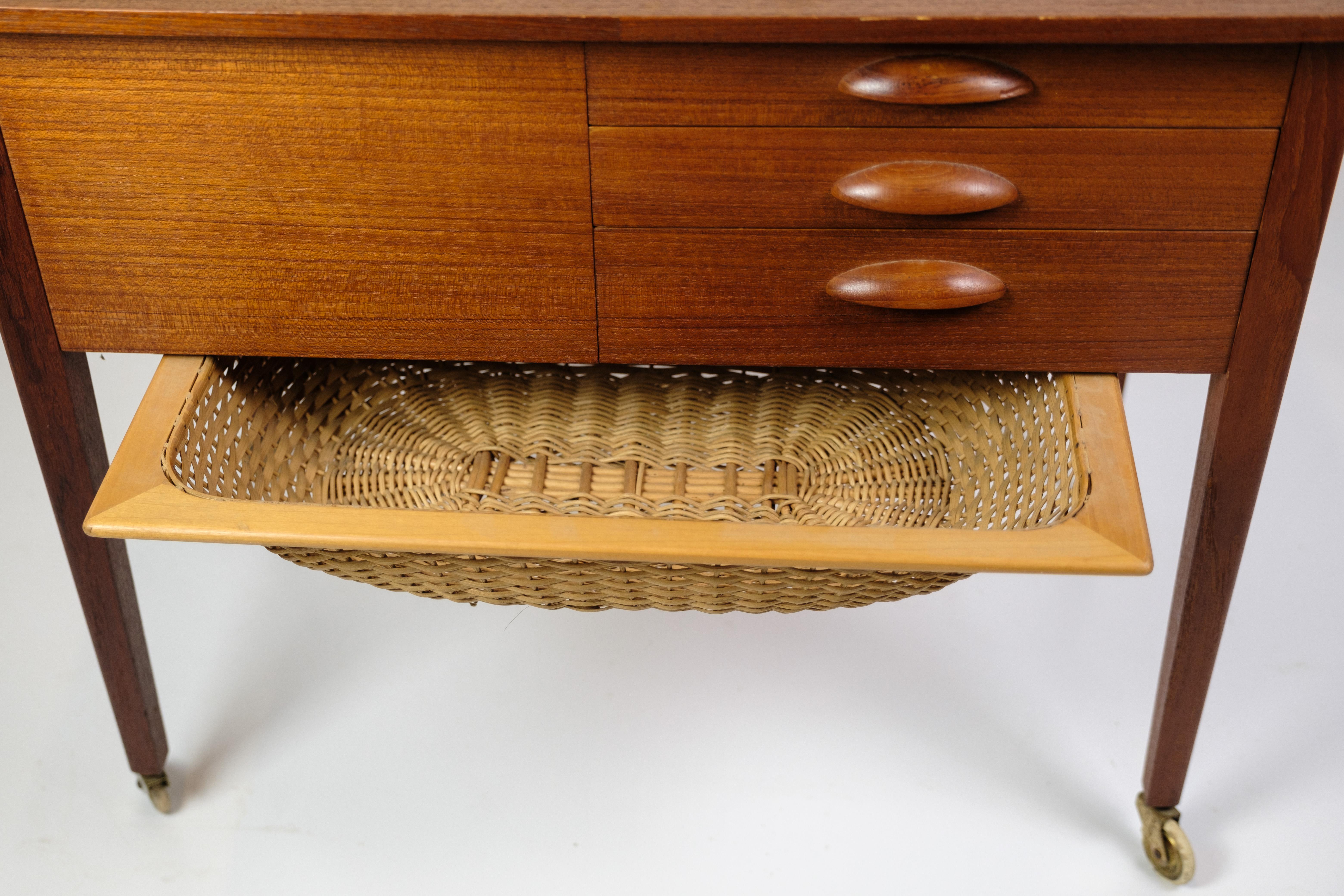 Sewing Table With Drawers & Wheels Made In Teak, Danish Design From 1960s 1