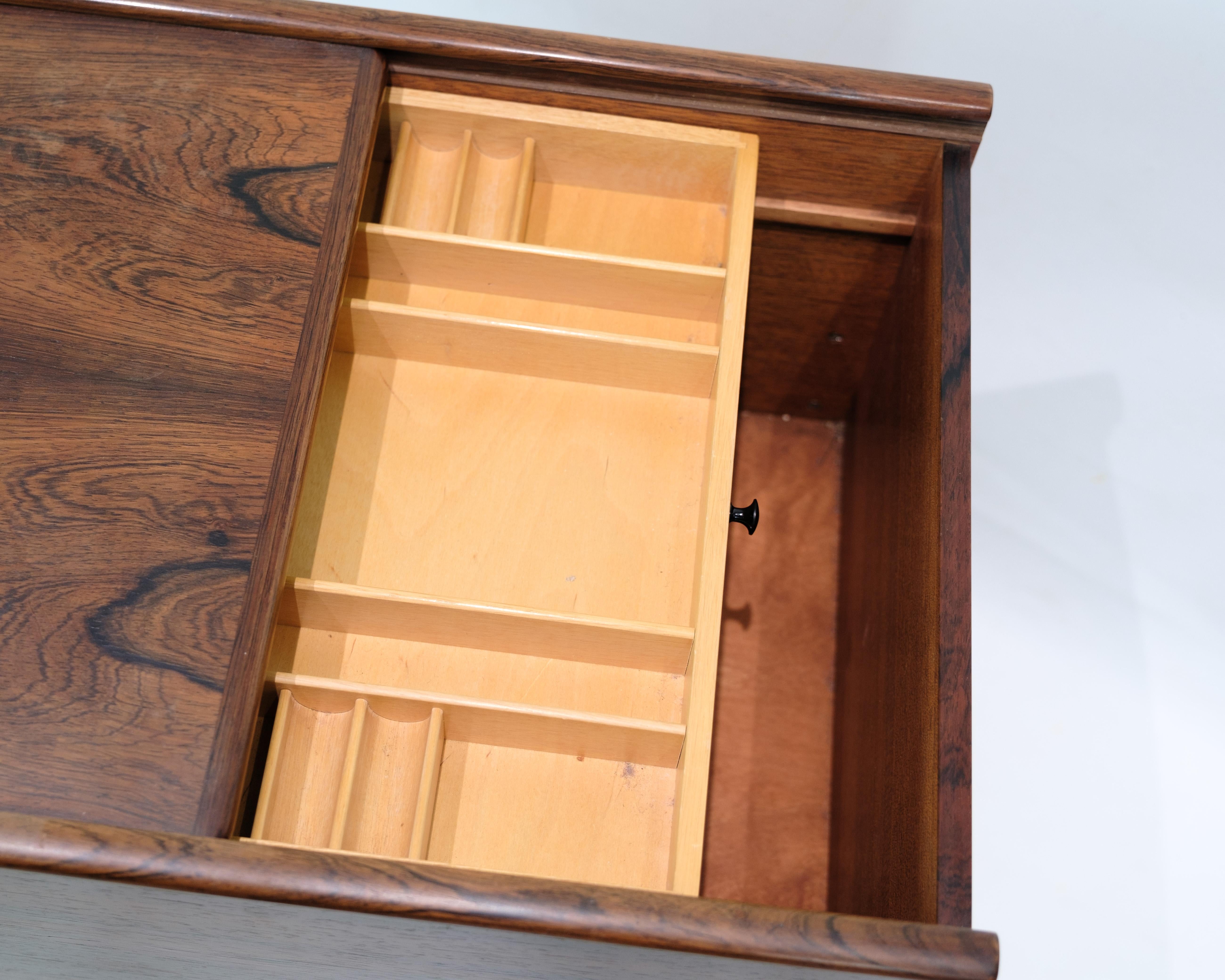 Mid-Century Modern Sewing Table With Wheels & Built-In Drawers Made In Rosewood From 1960s