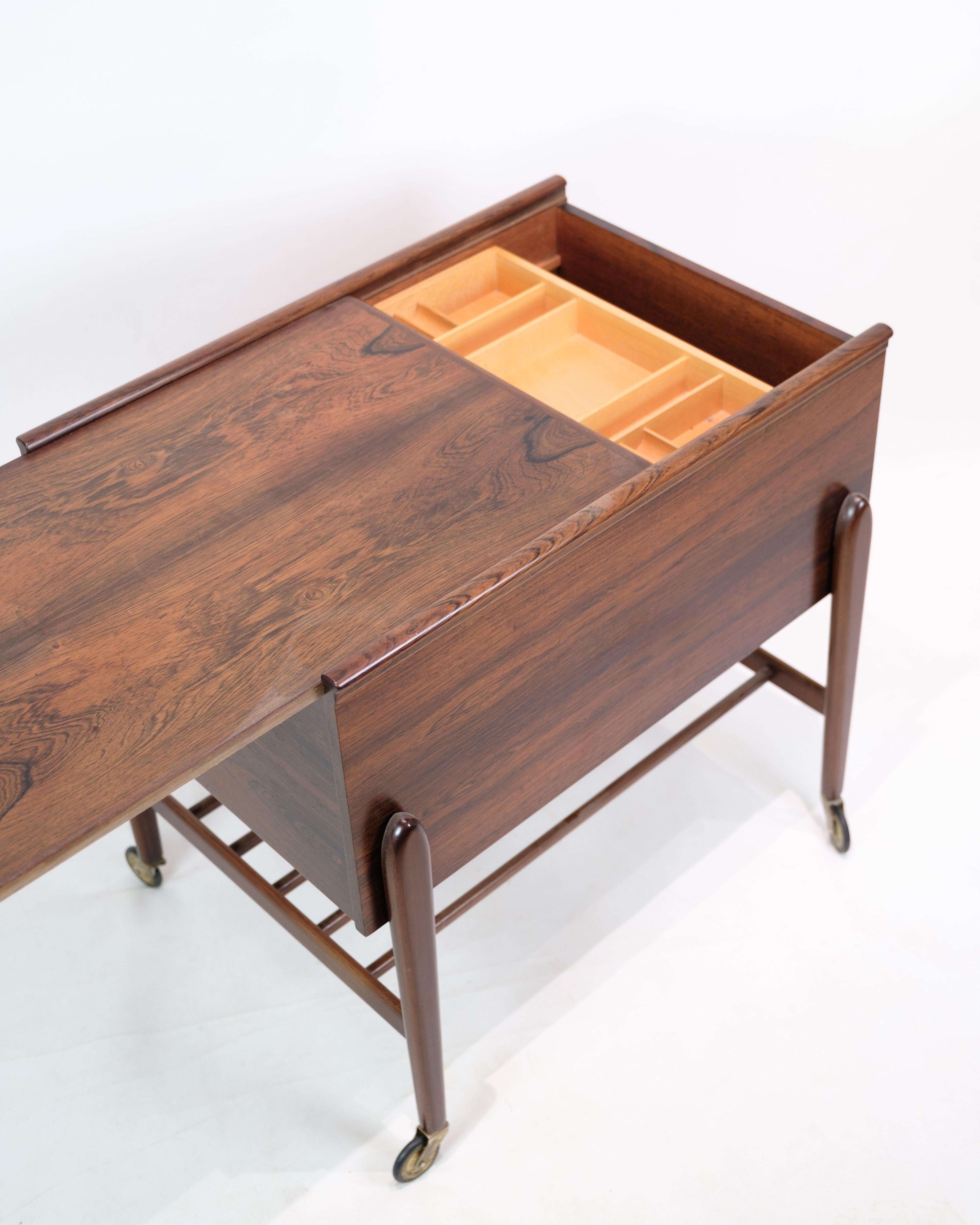 Danish Sewing Table With Wheels & Built-In Drawers Made In Rosewood From 1960s