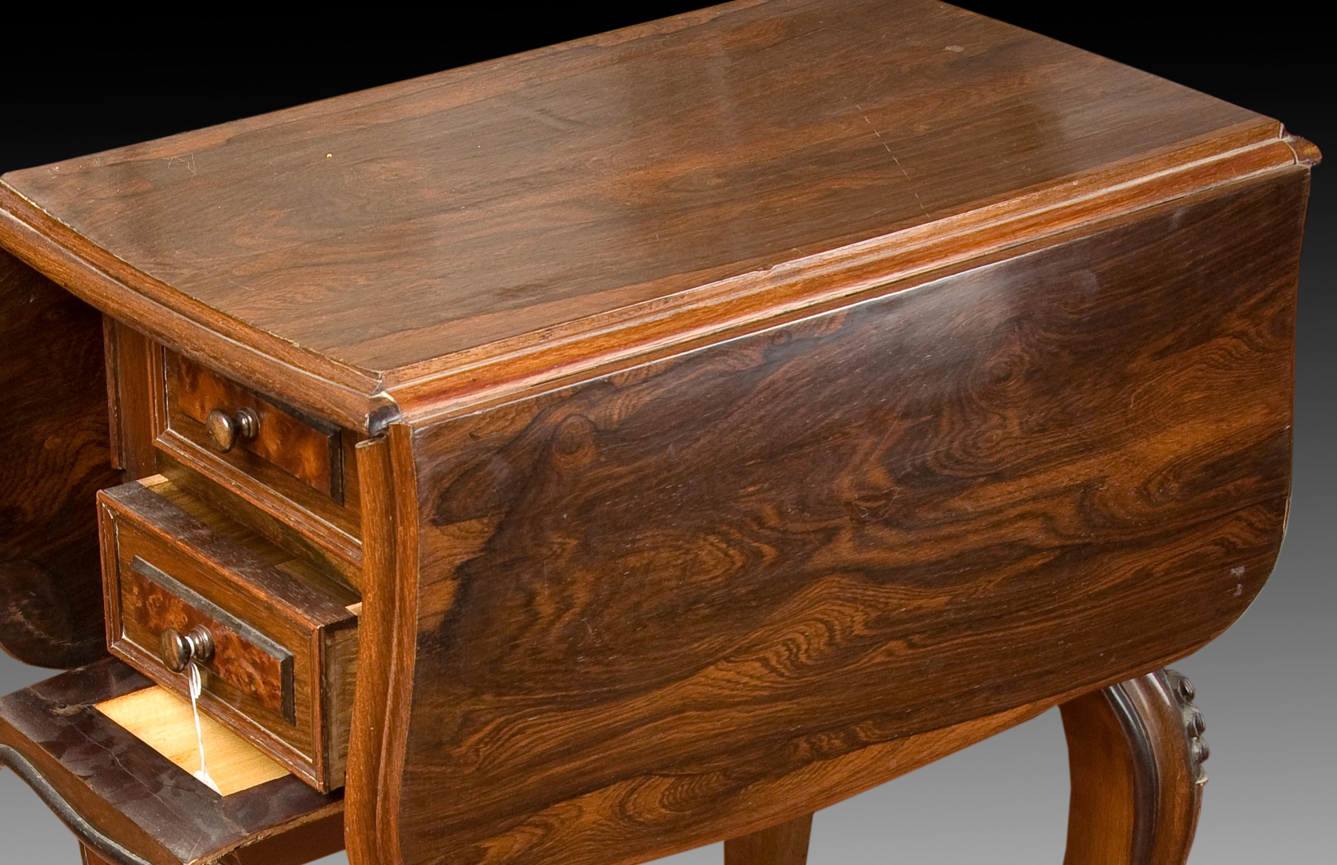European Sewing Table with Wings, Palosanto or Rosewood Wood, 19th Century For Sale
