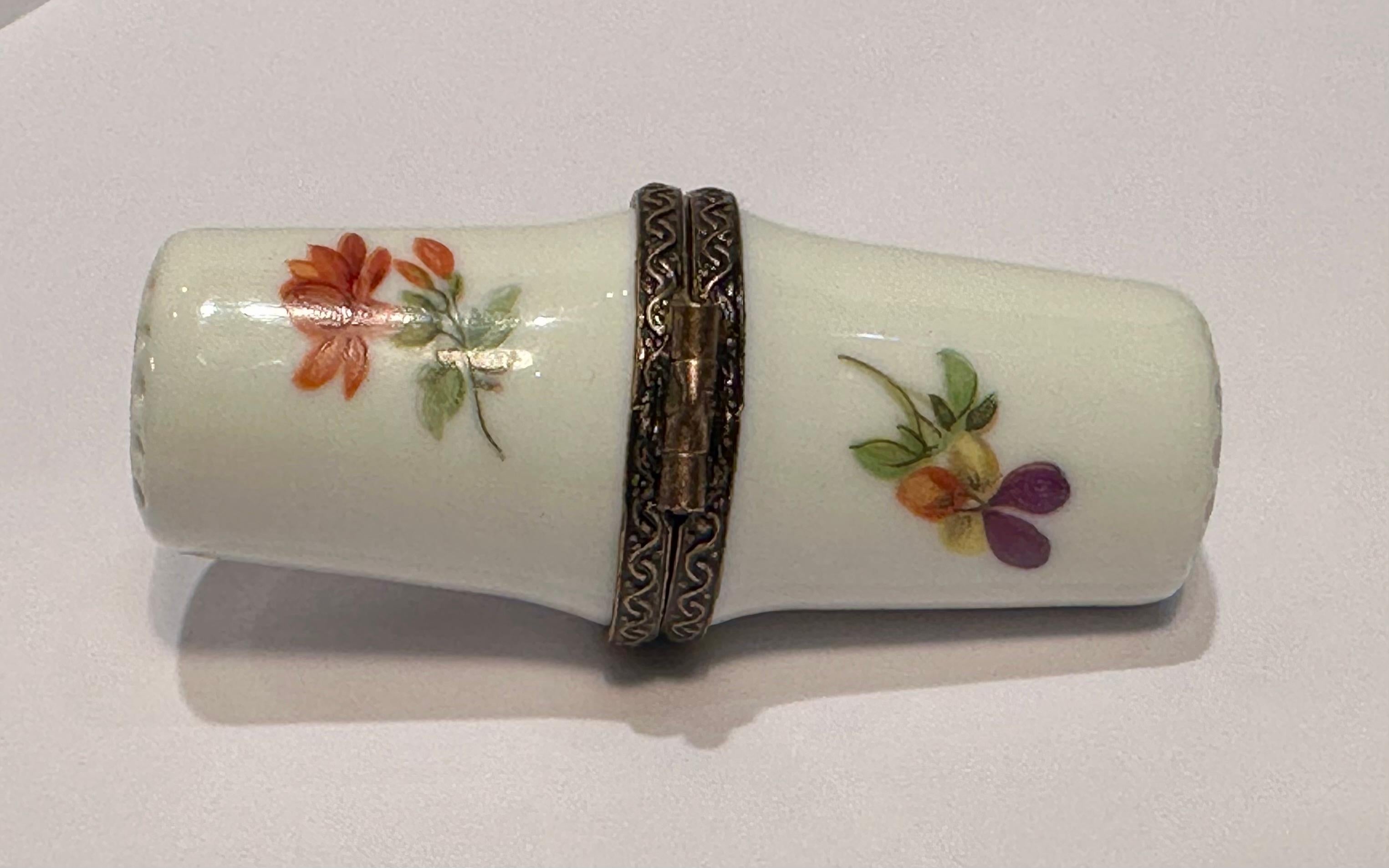 20th Century Sewing Theme Limoges France Floral Motif Porcelain Double Thimbles or Needle Box For Sale