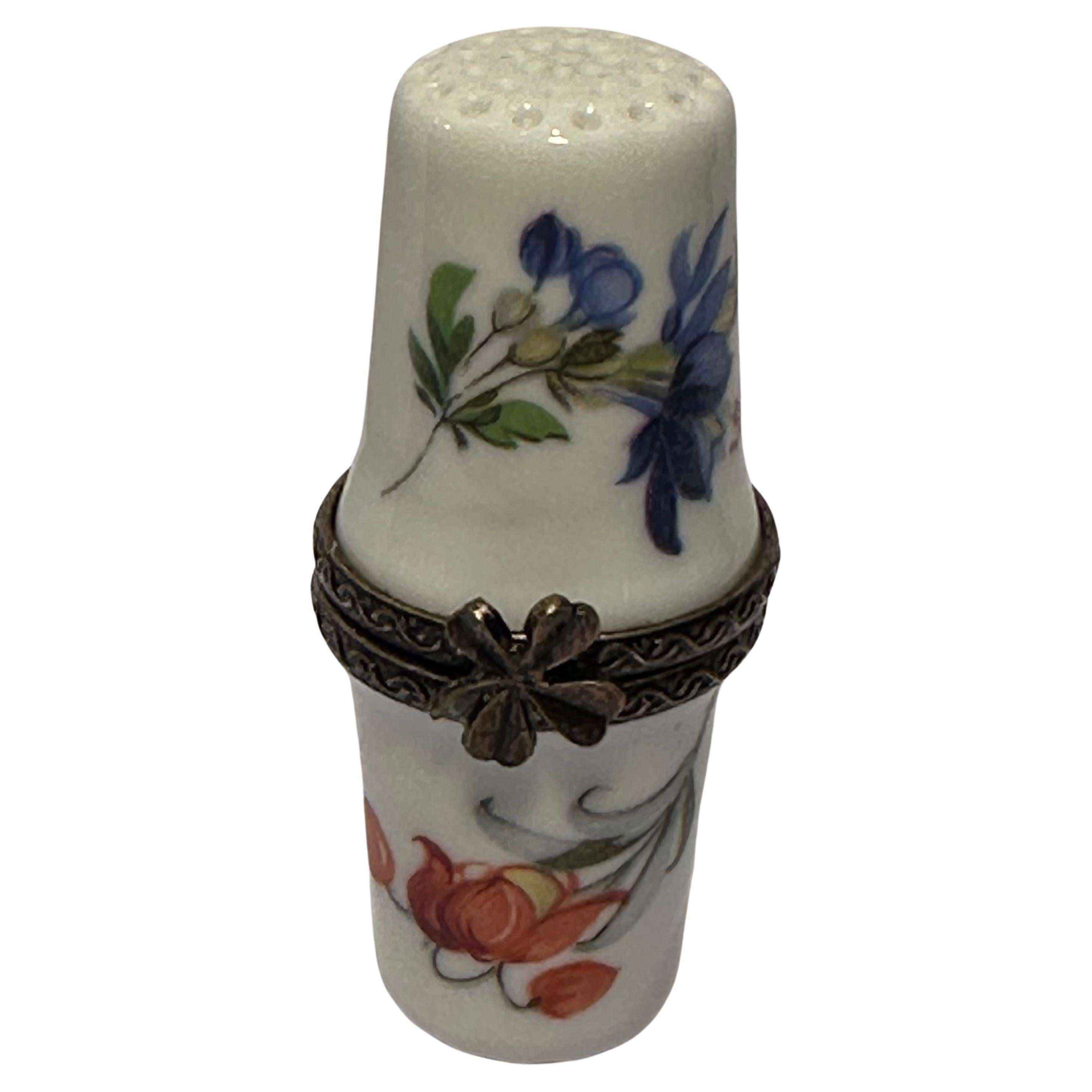 Sewing Theme Limoges France Floral Motif Porcelain Double Thimbles or Needle Box For Sale