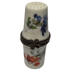 Antique Sewing Theme Limoges France Floral Motif Porcelain Double Thimbles or Needle Box