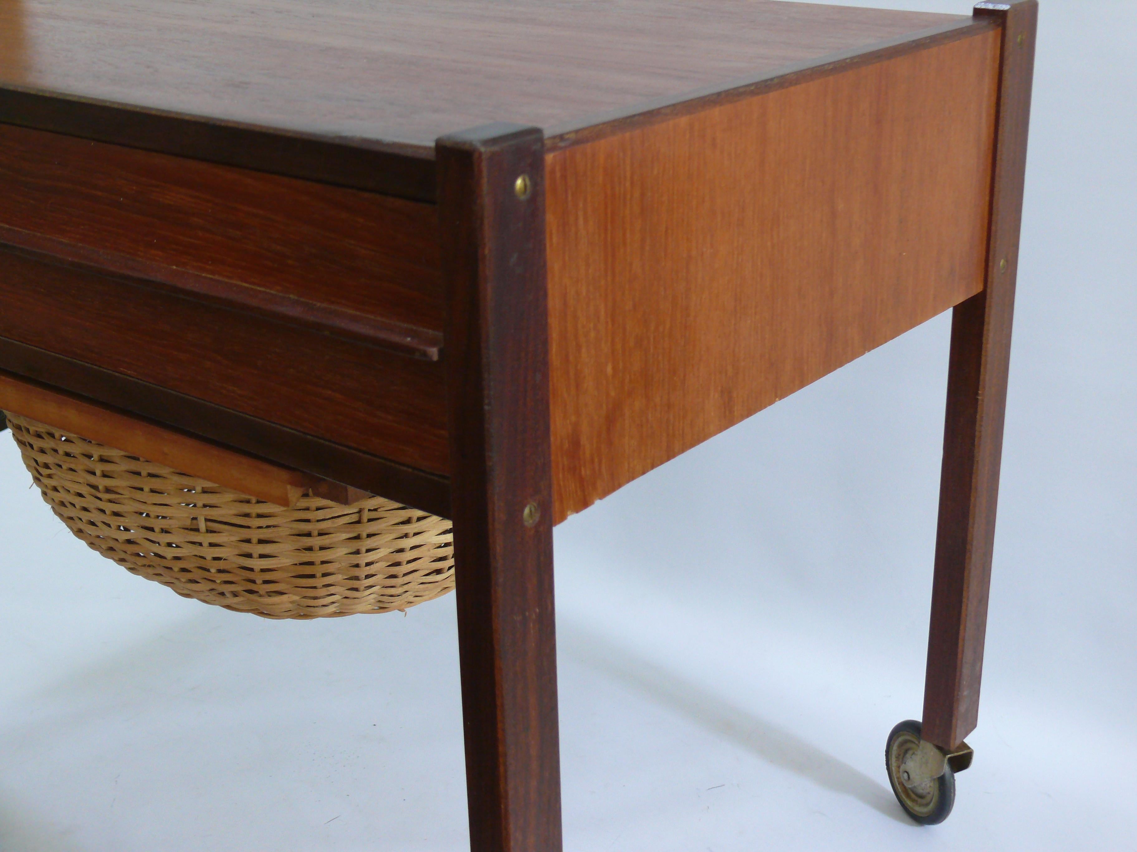 Mid-20th Century Sewing trolley with drawer and basket - teak/rosewood - Danish design, 1960s For Sale