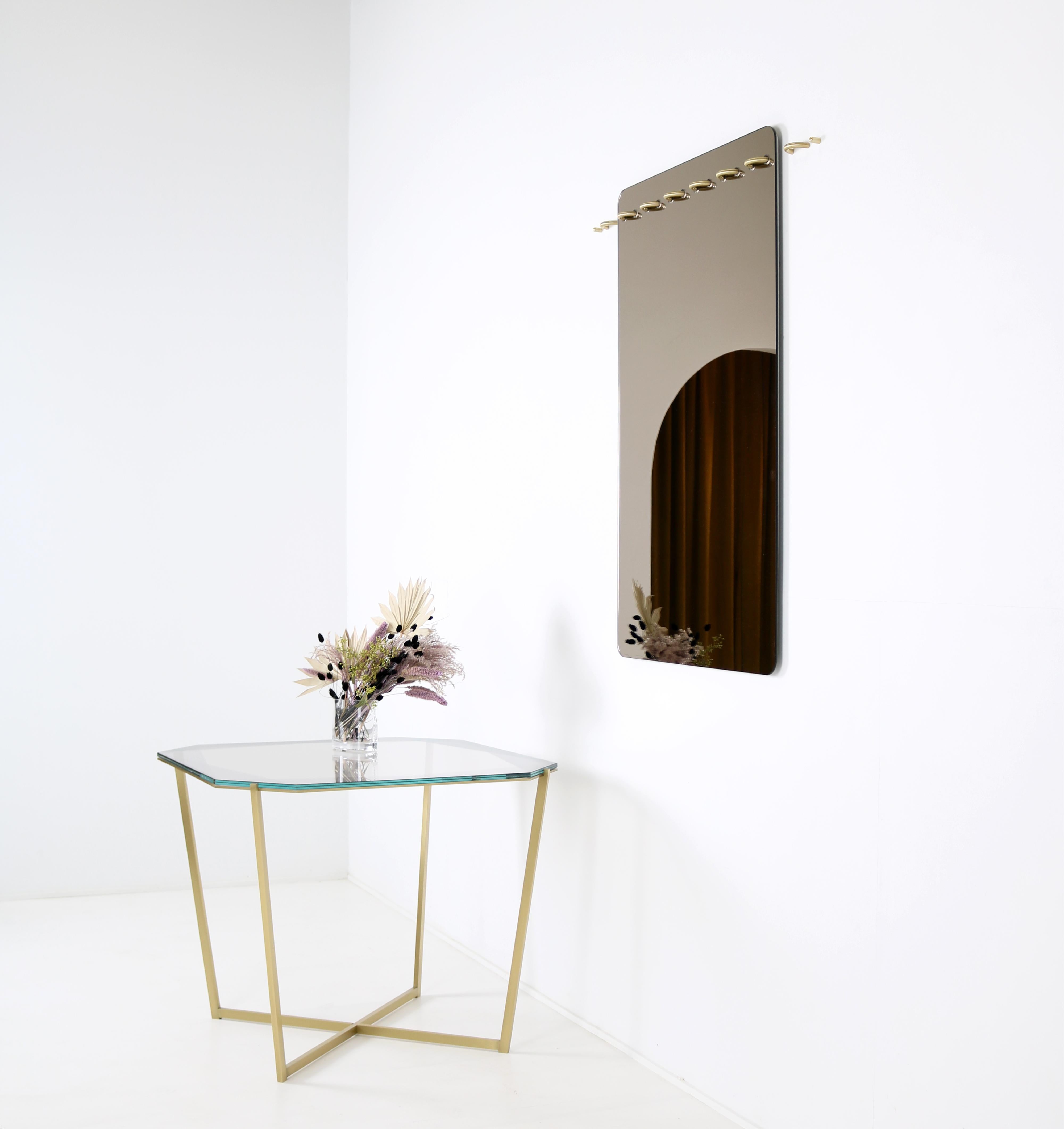 Contemporary Sewn Bronze Tinted Mirror with Polished Glass Edges and Satin Silver Stitches For Sale