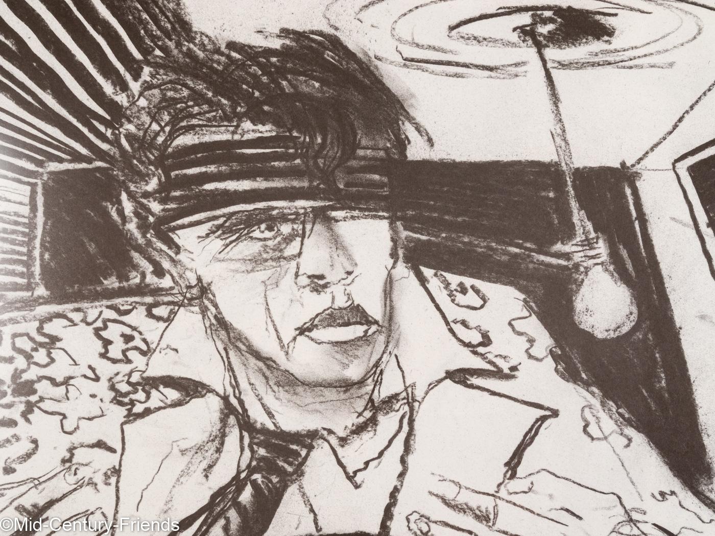 Dees DE BRUYNE Porträt eines alten Mannes mit Hut durch eine verzerrte Perspektive. S/W Offsetdruck auf dickem Papier. Nummeriert (IX/ XXI) und signiert. Aufhängefertig, gerahmt mit Passepartout in einem Echtholz-Bilderrahmen in Schwarz hinter