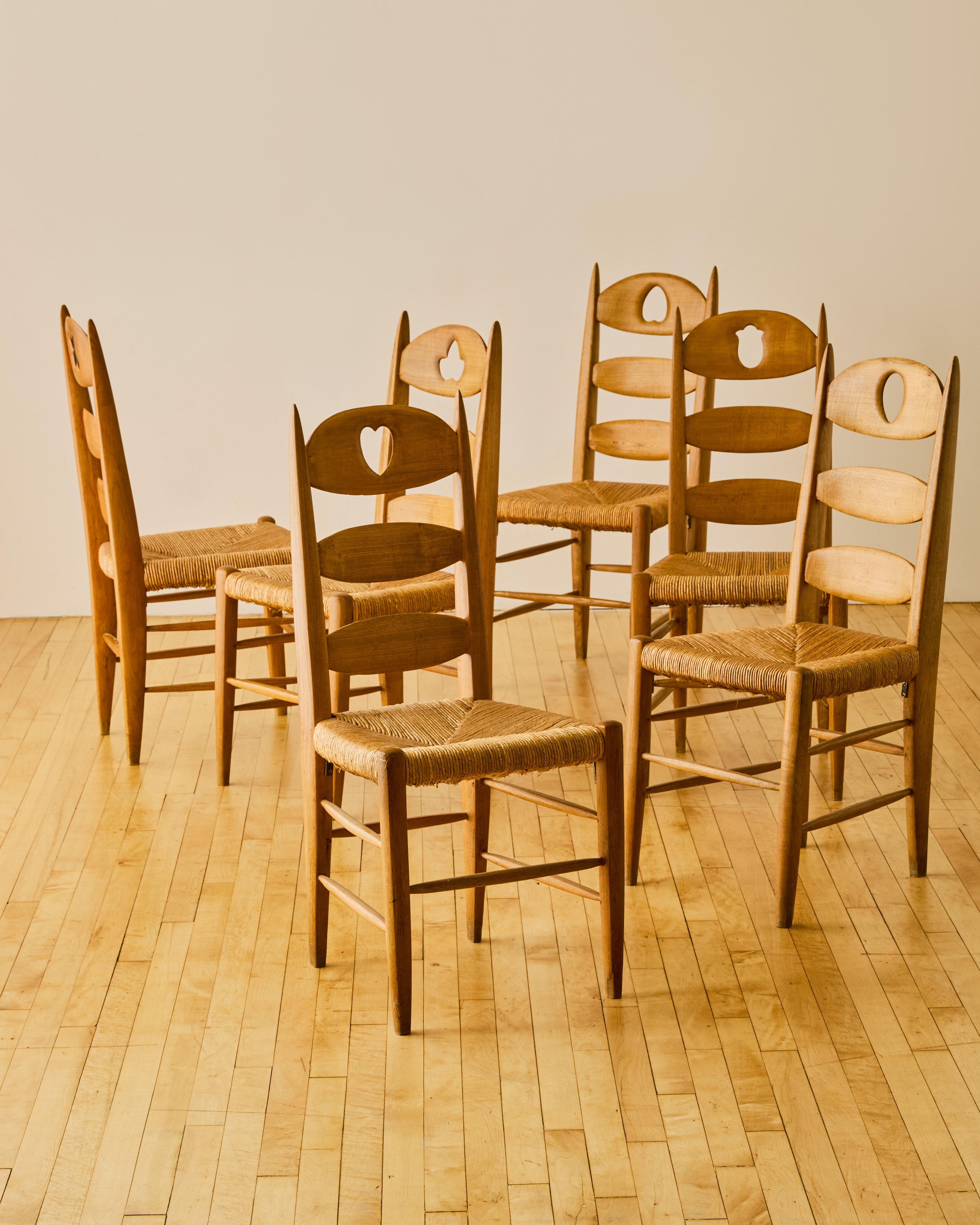 Sex of Six French Carved Back Dining Chairs c. 1960's im Angebot 1