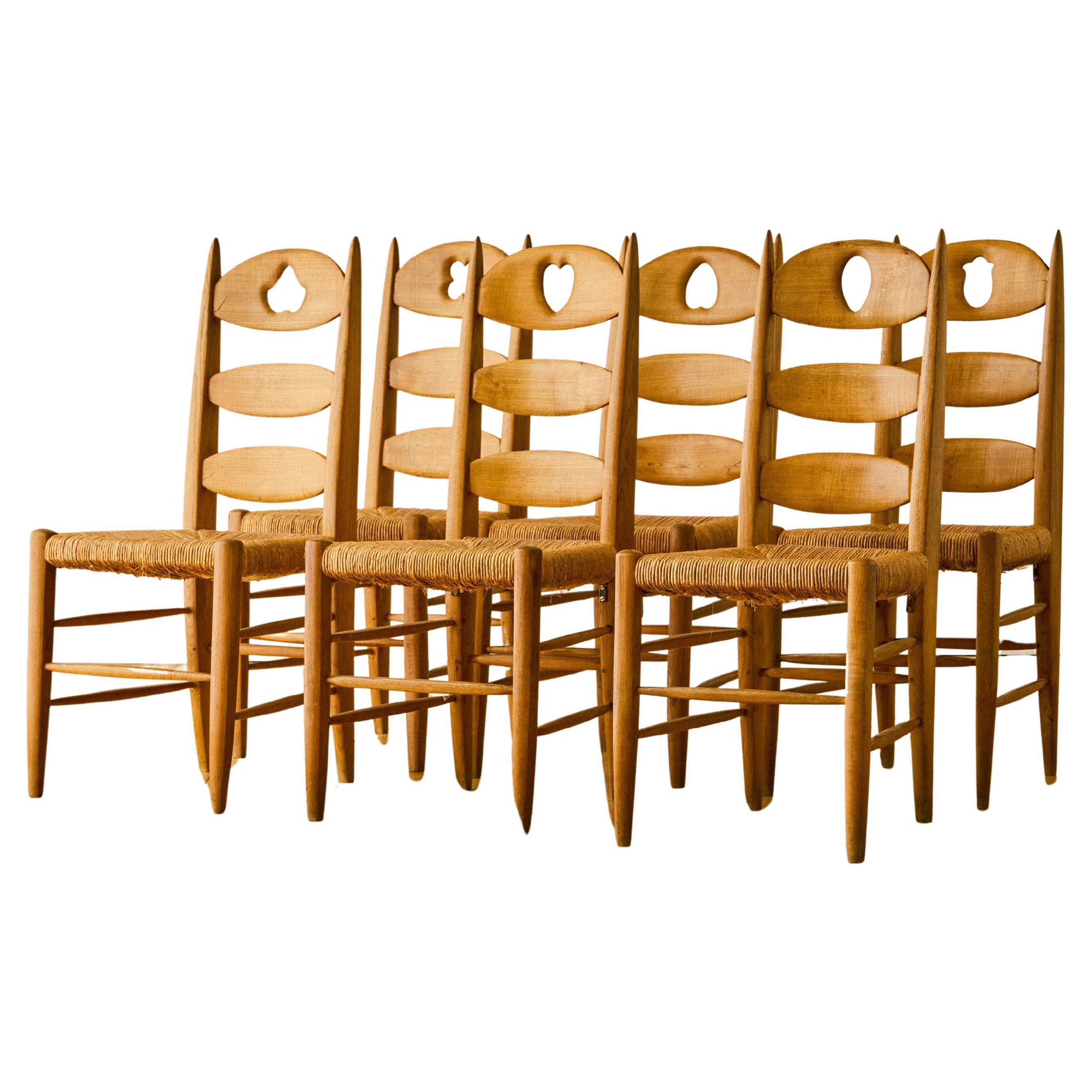 Sex of Six French Carved Back Dining Chairs c. 1960's im Angebot