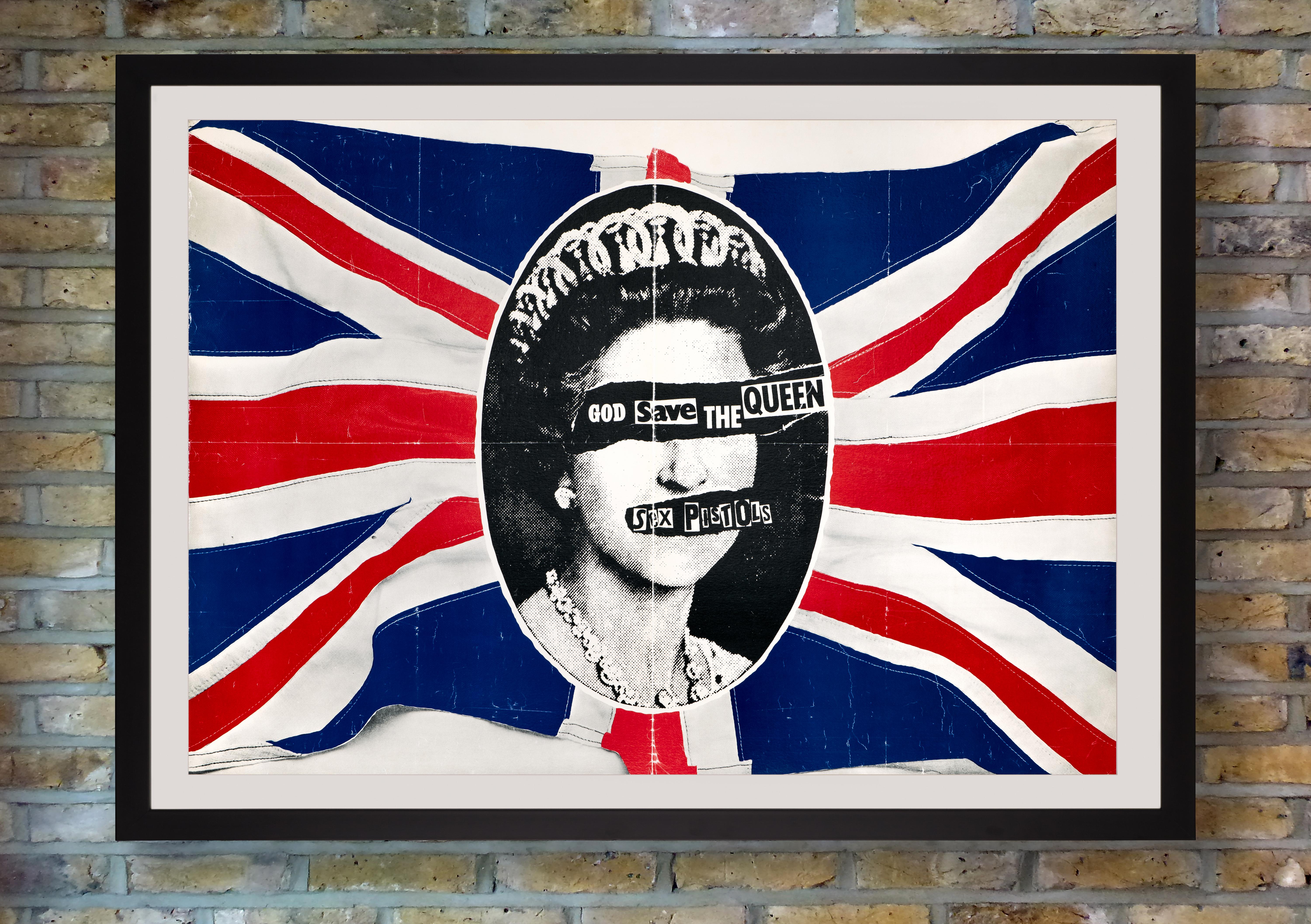 A rare and iconic promotional poster printed by Virgin Records to promote the Sex Pistols 1977 single 'God Save The Queen' in UK record stores. Released to coincide with Queen Elizabeth II's silver jubilee, the alternative national anthem was