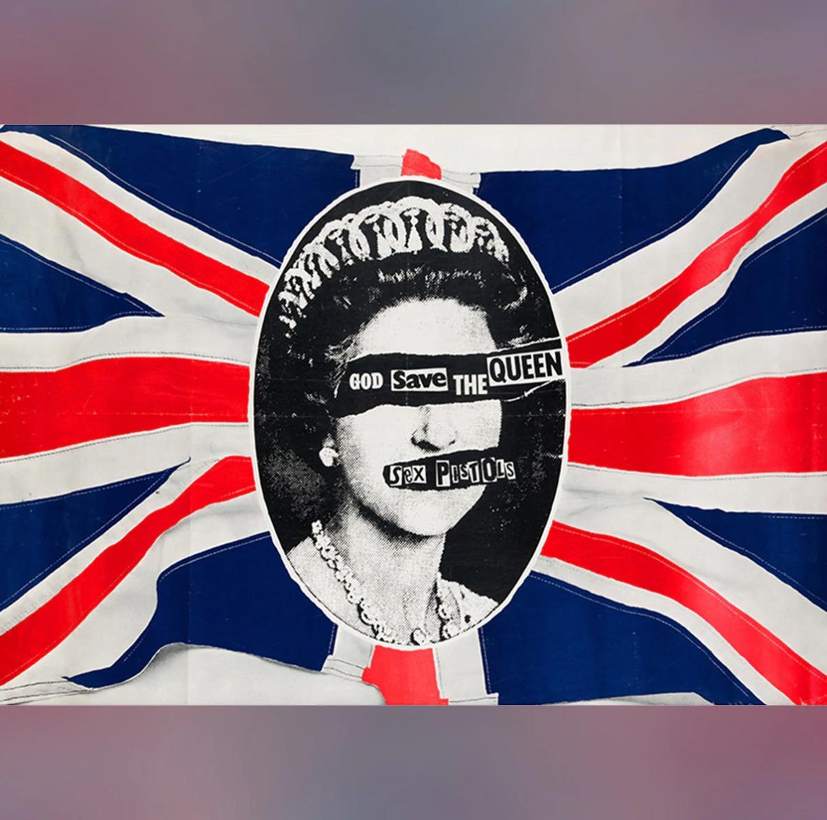 Original UK promotional poster for the 7 inch single, art by Jamie Reed, bastardisation of Cecil Beaton photo. Black and white Queen emblazoned on a traditional Union Jack Flag. The Queen’s eyes and mouth are torn to reveal God Save The Queen Sex