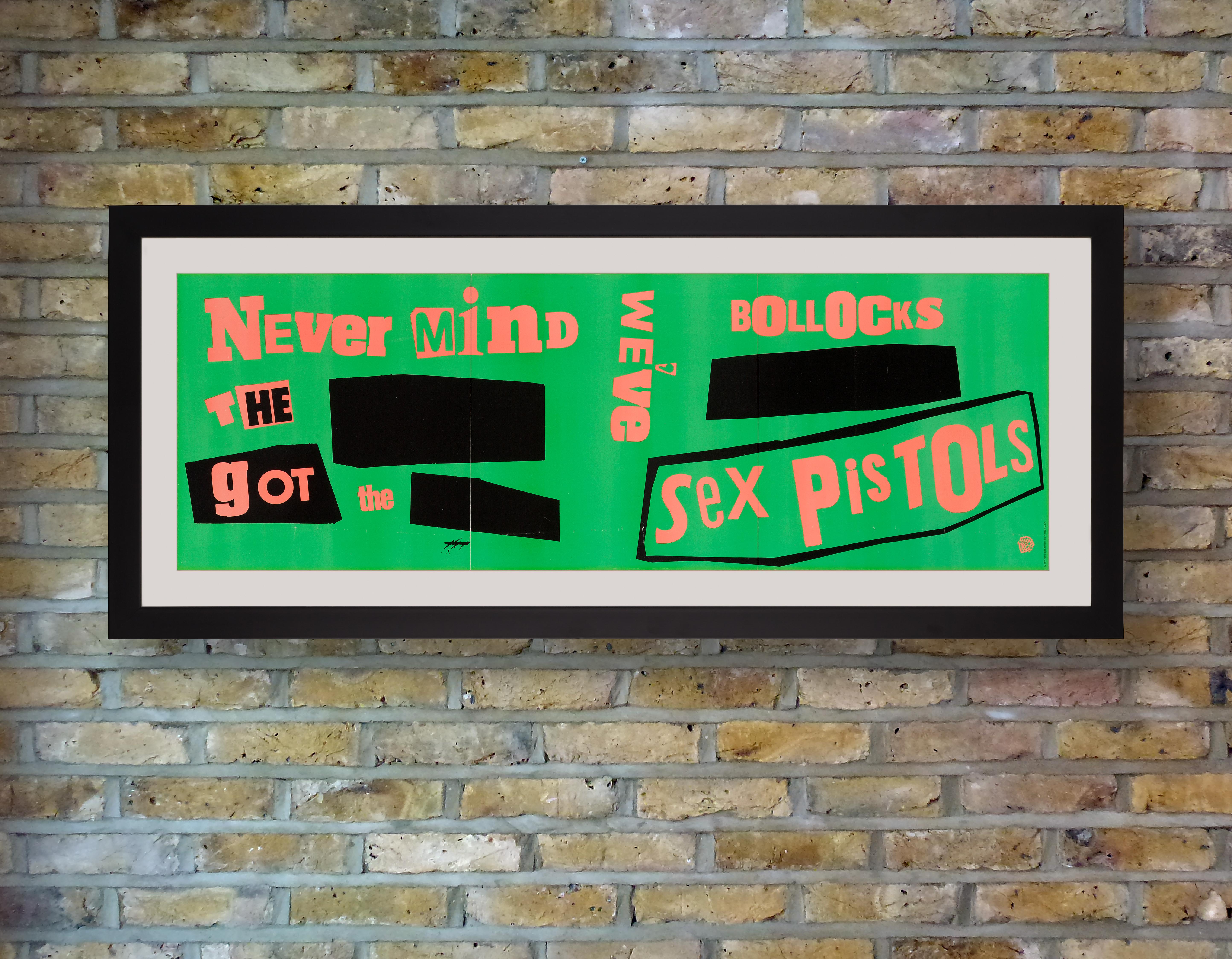 A promotional banner poster printed by Warner Bros to promote the November 1977 US release of the Sex Pistols only studio album 'Never Mind The Bollocks, Here's the Sex Pistols' in record stores. Despite the enduring controversy that surrounded the