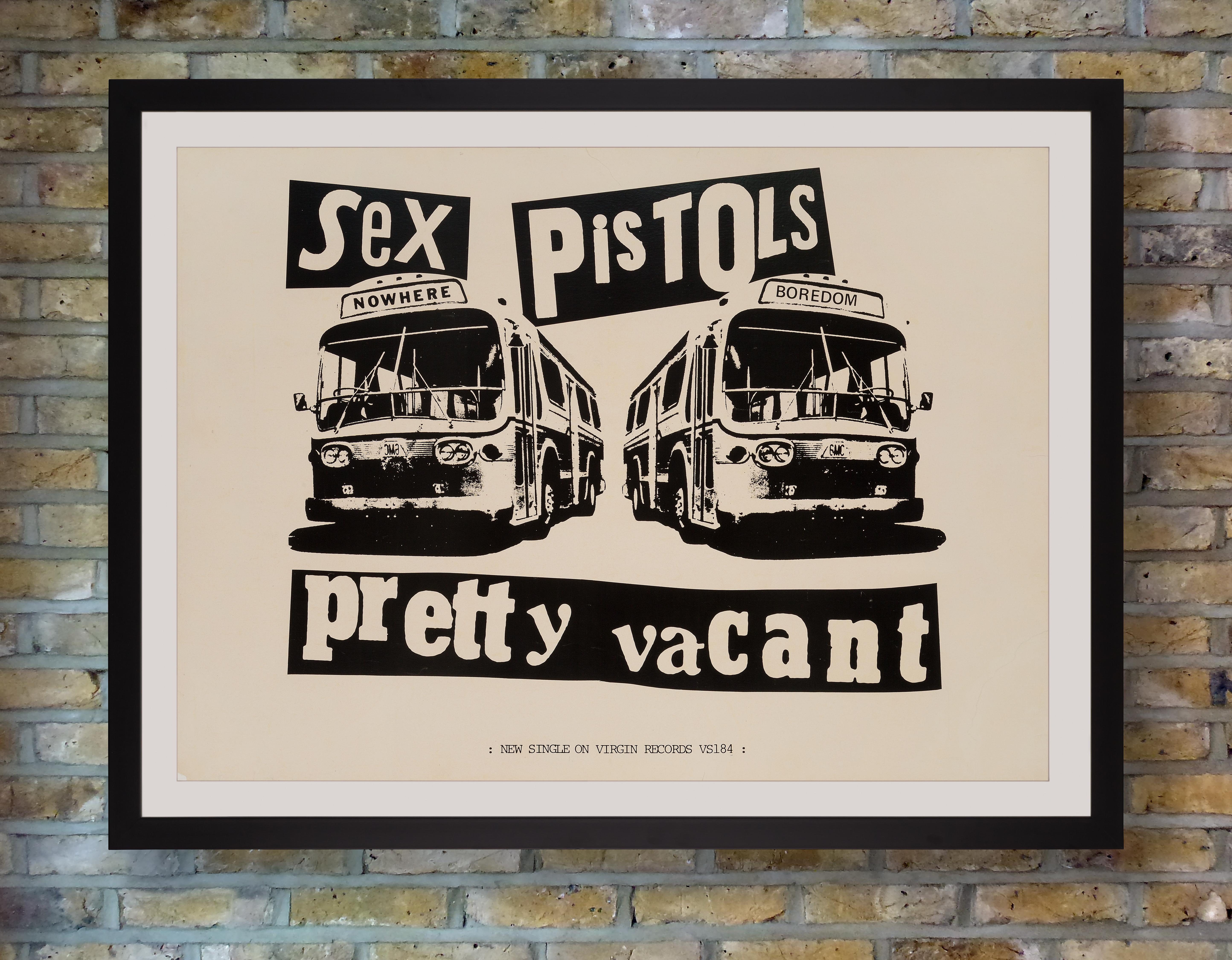 A scarce promotional poster issued by Virgin Records in support of the Sex Pistols third single Pretty Vacant, released in July 1977 from their only studio album Never Mind The Bollocks: Here's The Sex Pistols. British artist Jamie Reid has become