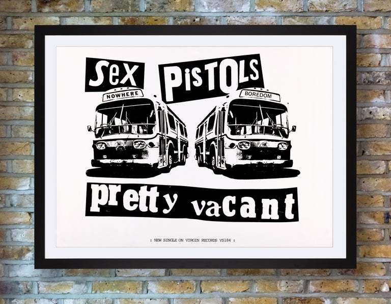 A scarce promotional poster issued by Virgin Records in support of the Sex Pistols' third single 'Pretty Vacant,' released in July 1977 from their only studio album 'Never Mind The Bollocks: Here's The Sex Pistols.' British artist Jamie Reid has