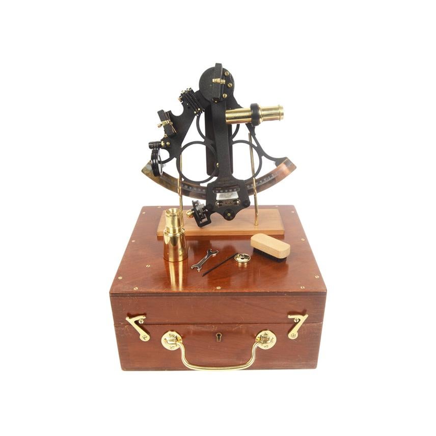 1900s Brass Nautical Sextant Signed HEATH & C Mahogany Box Antique Marine Tool