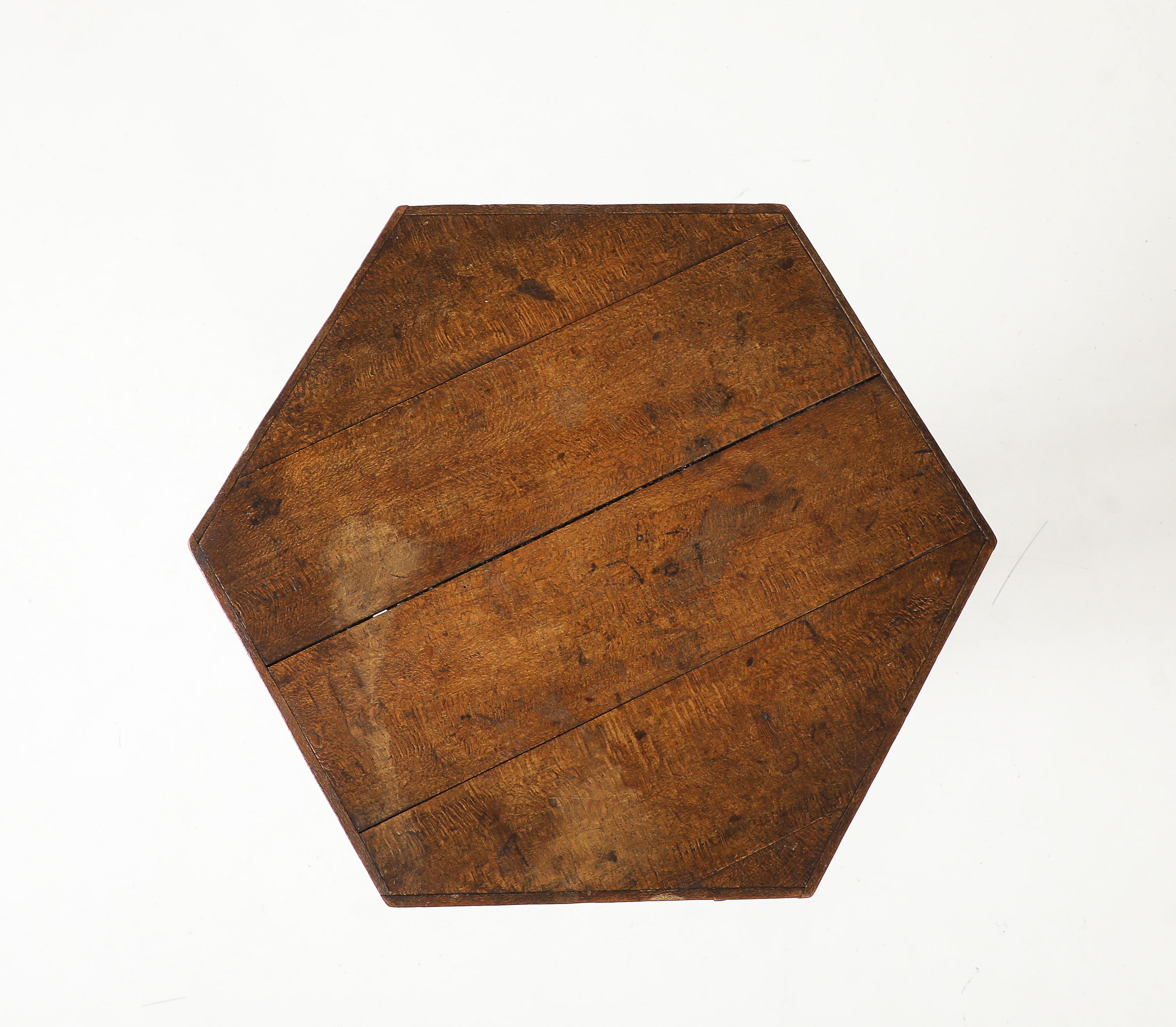 Hextogonal Walnut & Oak Table with four supports forming a grid Base, France, c. For Sale 5