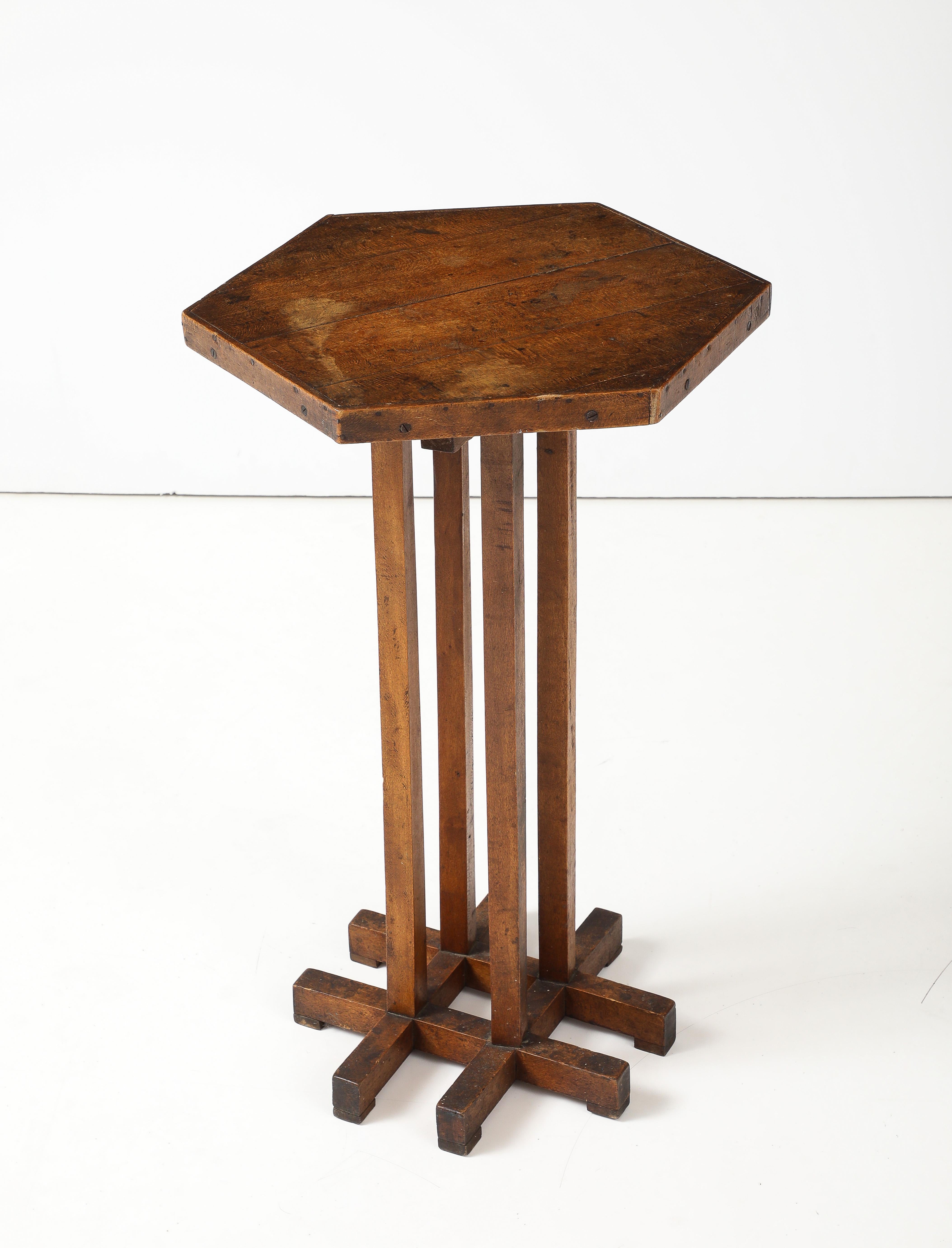 Hextogonal Walnut & Oak Table with four supports forming a grid Base, France, c. For Sale 6