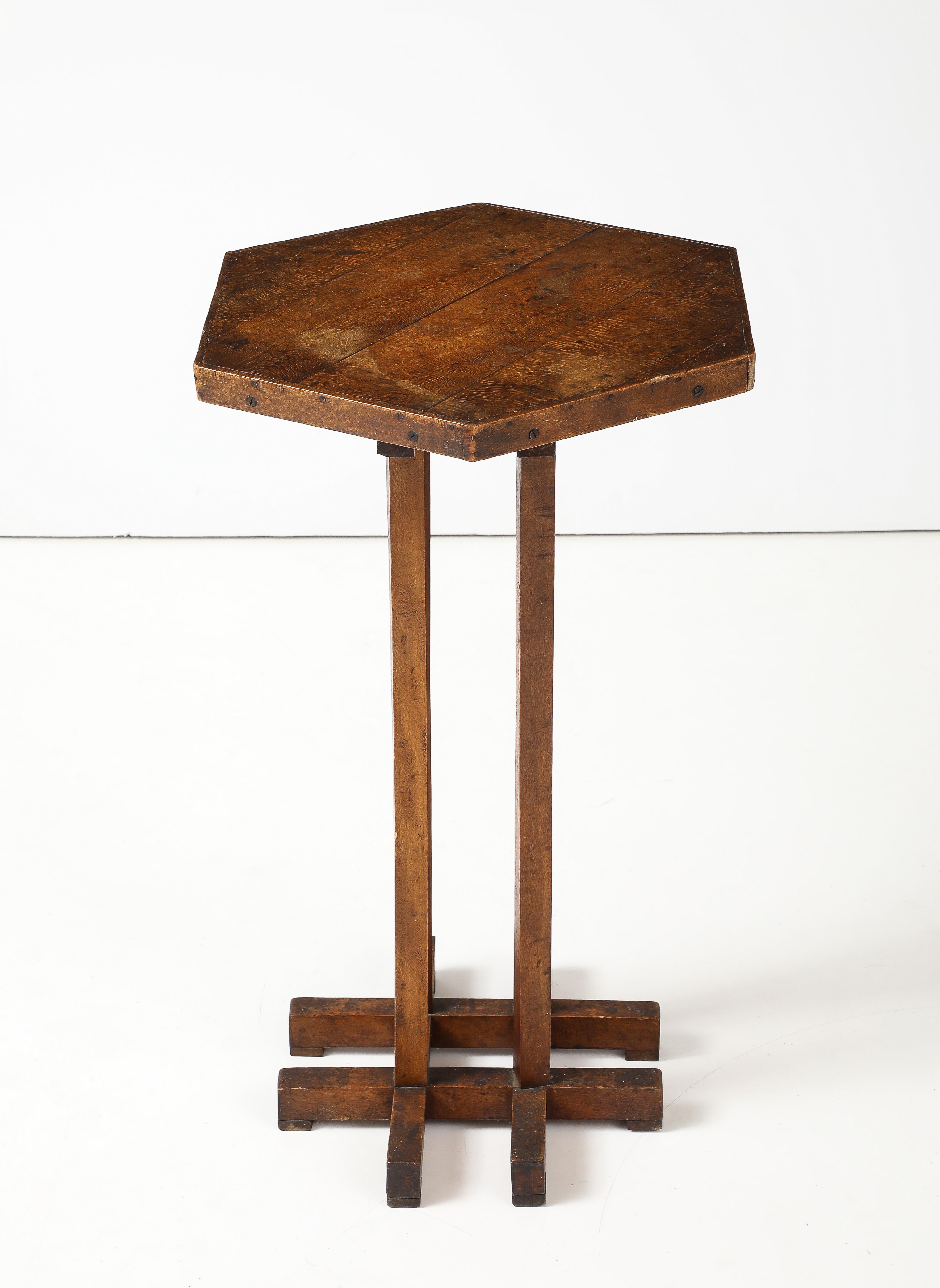 Hextogonal Walnut & Oak Table with four supports forming a grid Base, France, c. For Sale 7
