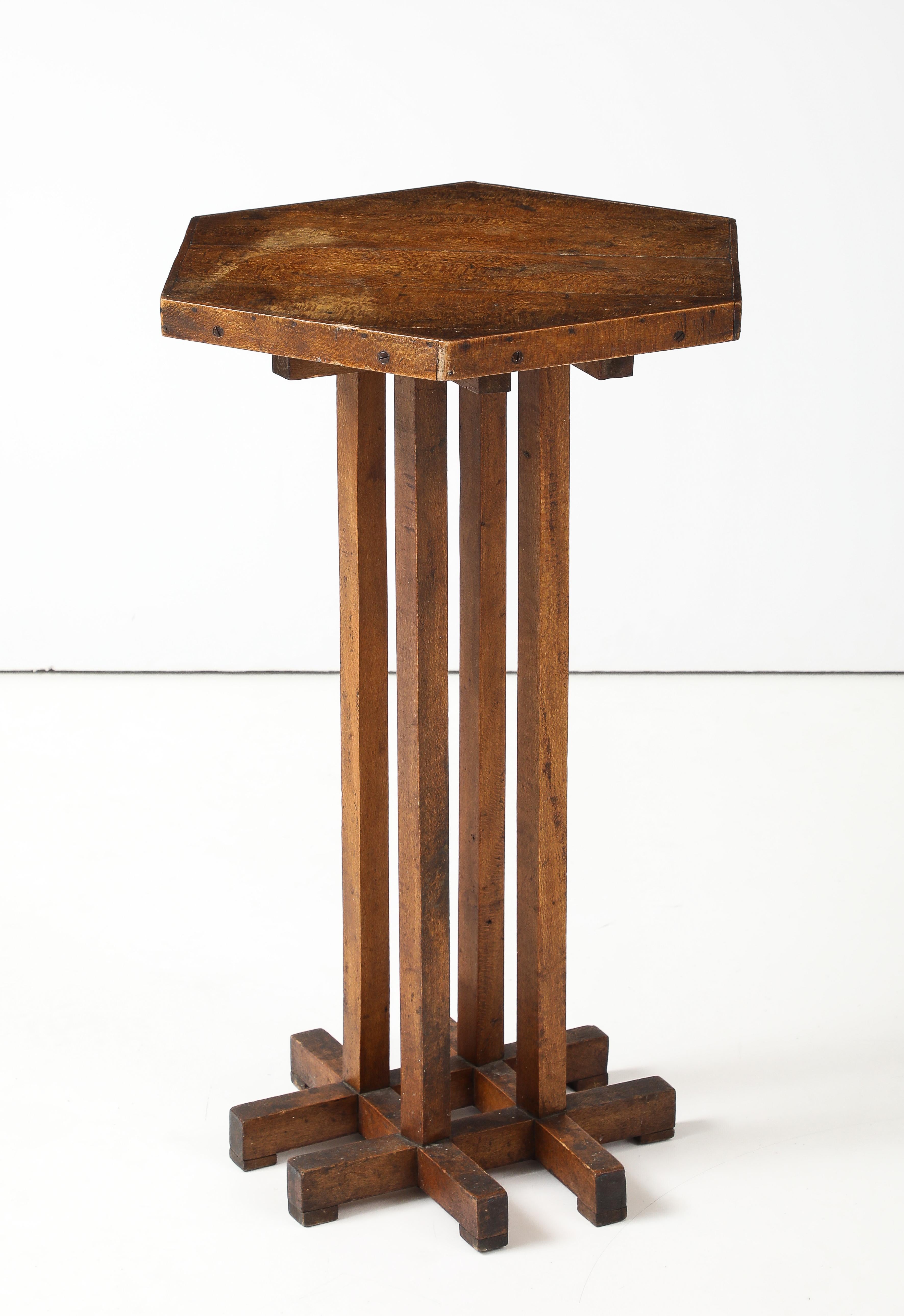 Hand-Crafted Hextogonal Walnut & Oak Table with four supports forming a grid Base, France, c. For Sale