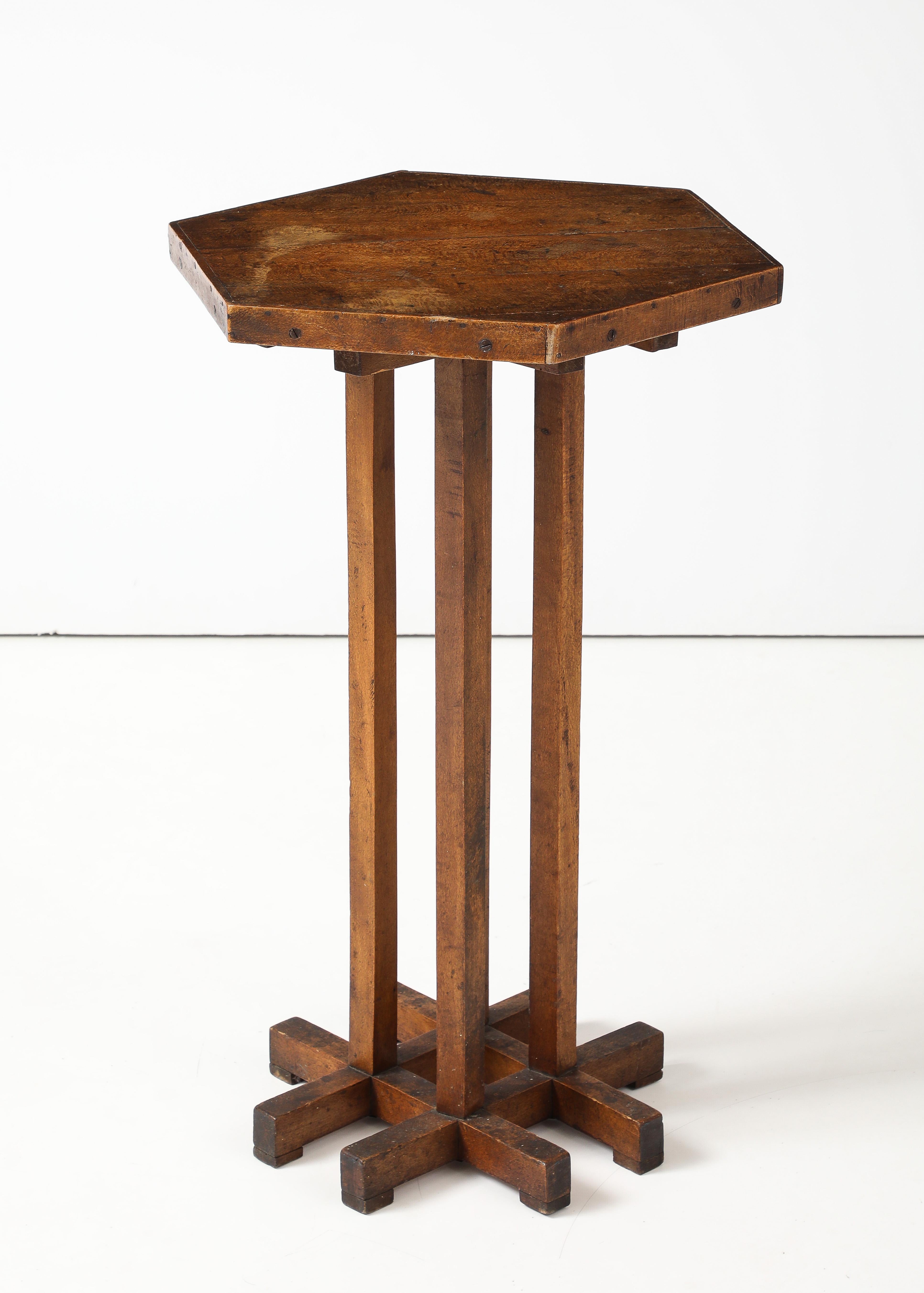 Early 20th Century Hextogonal Walnut & Oak Table with four supports forming a grid Base, France, c. For Sale