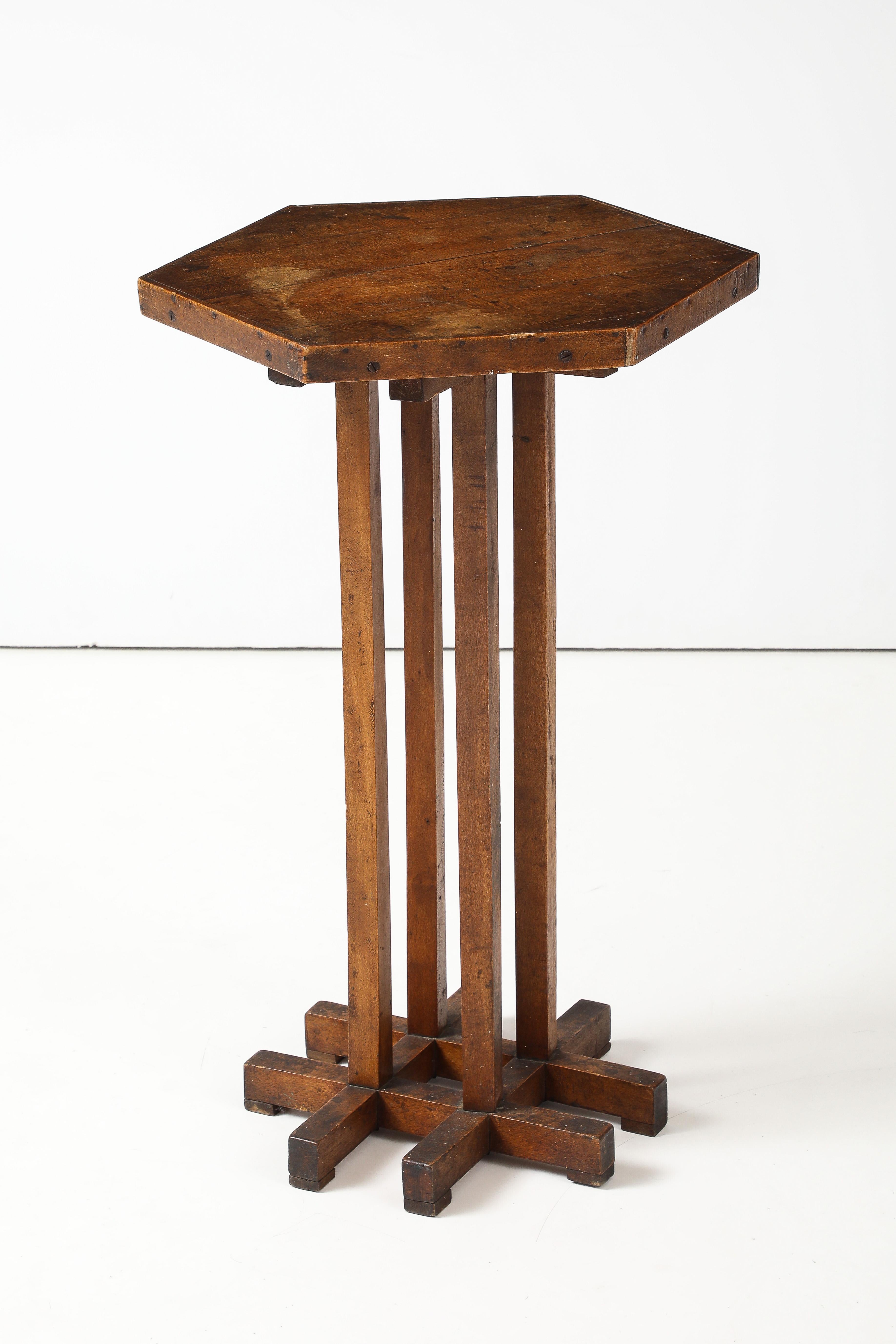 Hextogonal Walnut & Oak Table with four supports forming a grid Base, France, c. For Sale 1