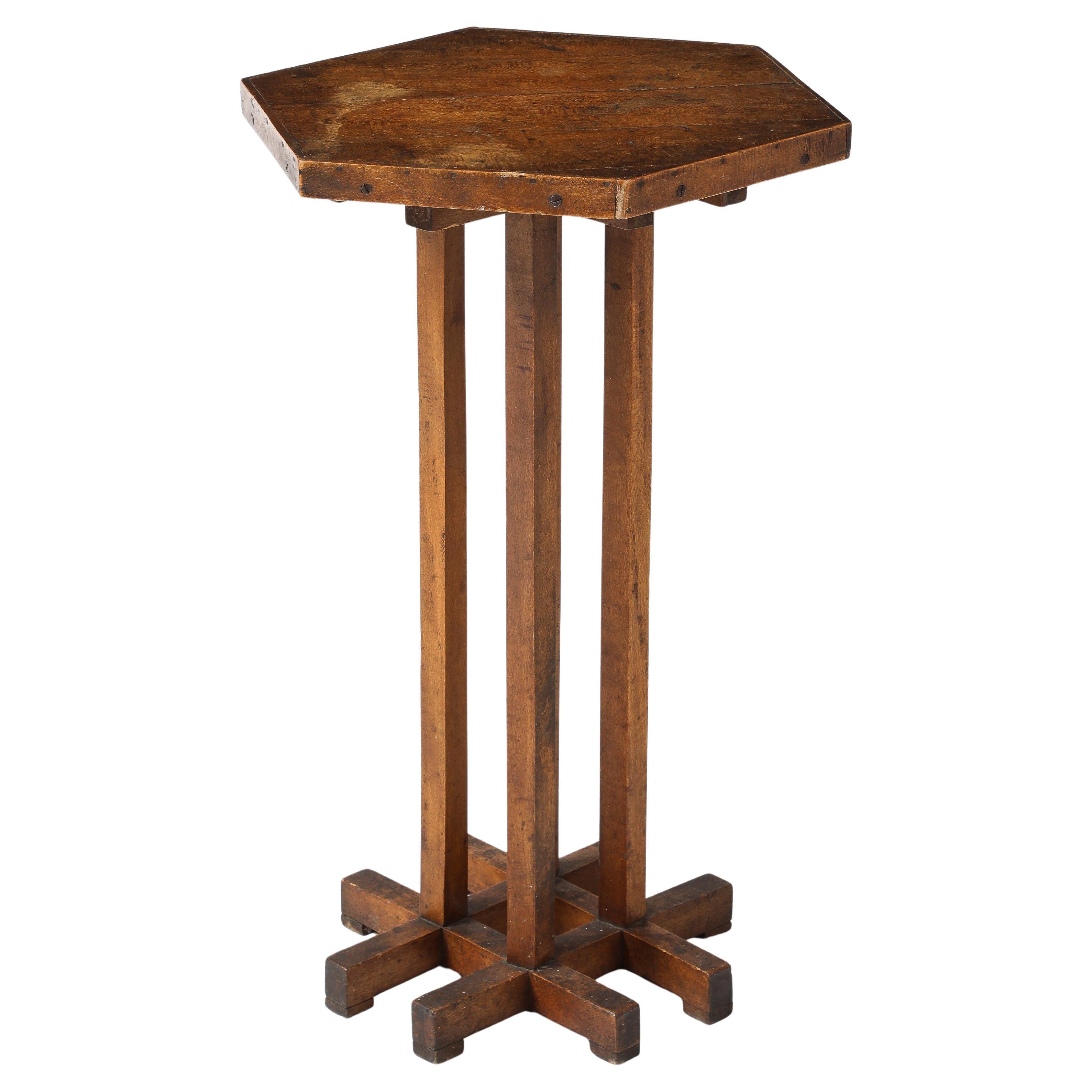 Hextogonal Walnut & Oak Table with four supports forming a grid Base, France, c. For Sale