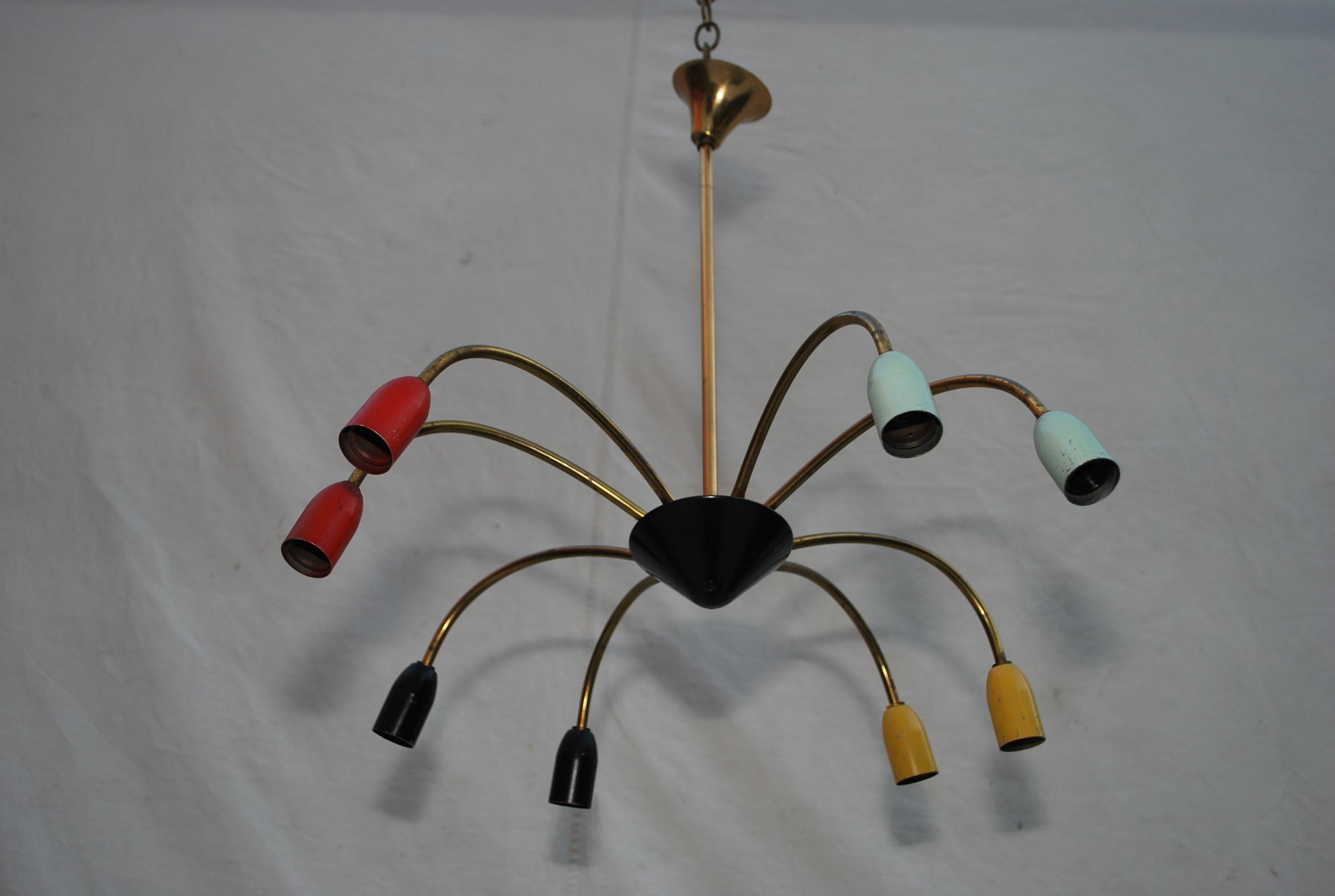 A sexy mid century French chandelier, the patina is much nicer in person, the height can be shorter, we could almost make it a flush light, by cutting the center rod