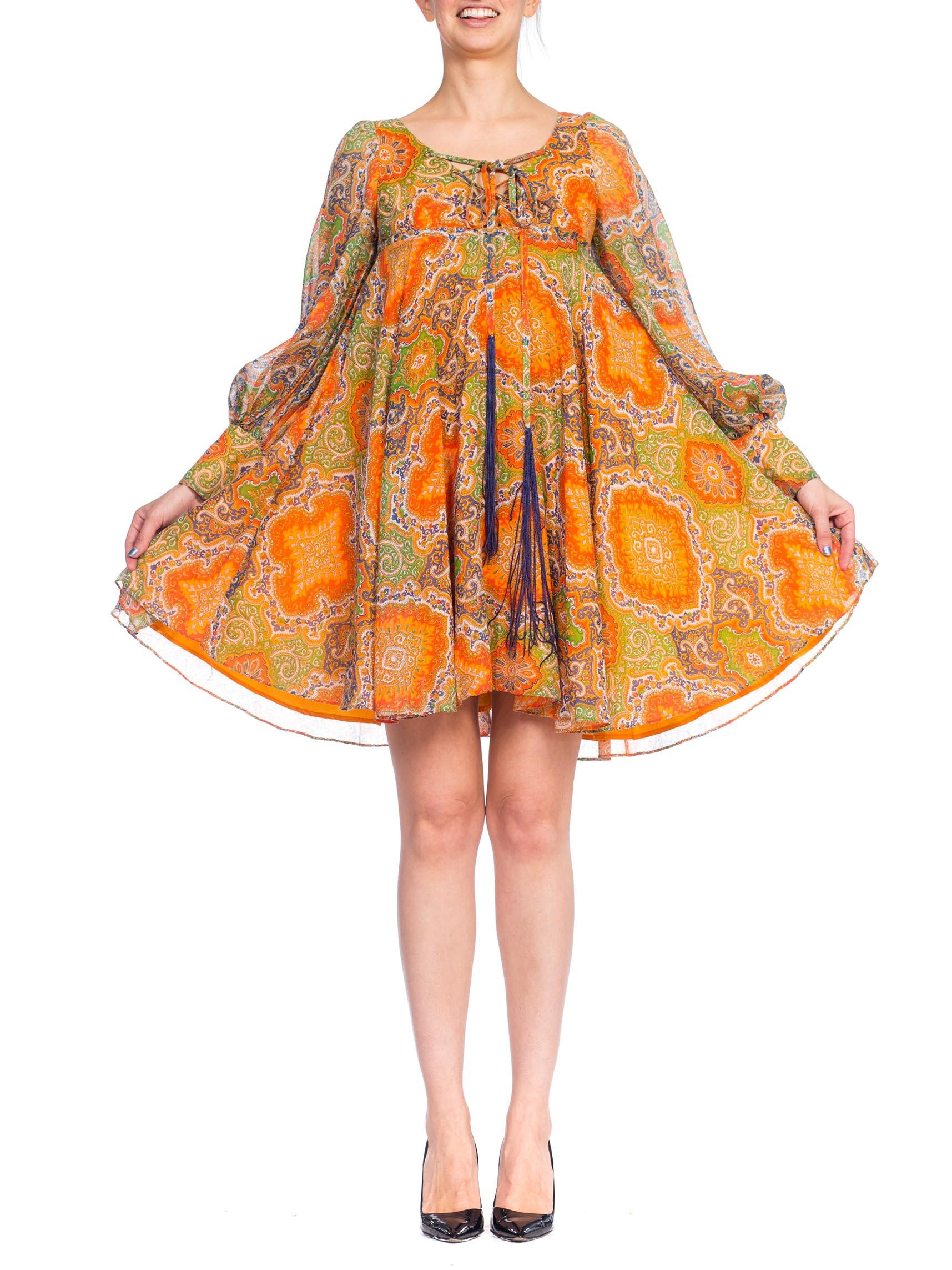 Orange Sexy 1960 -1970s Howard Hirsh Paisley Cotton Mod Flower Power Dress