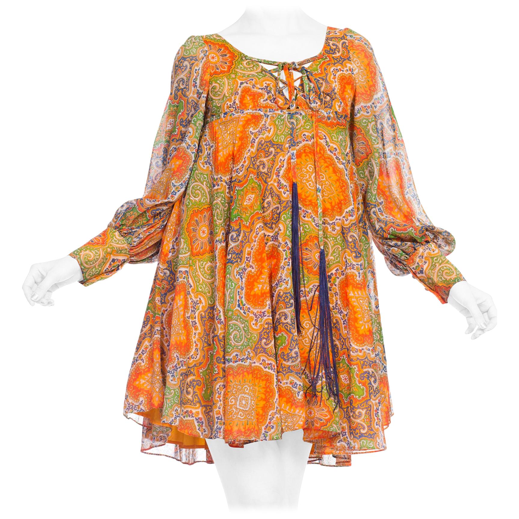 Sexy 1960 -1970s Howard Hirsh Paisley Cotton Mod Flower Power Dress