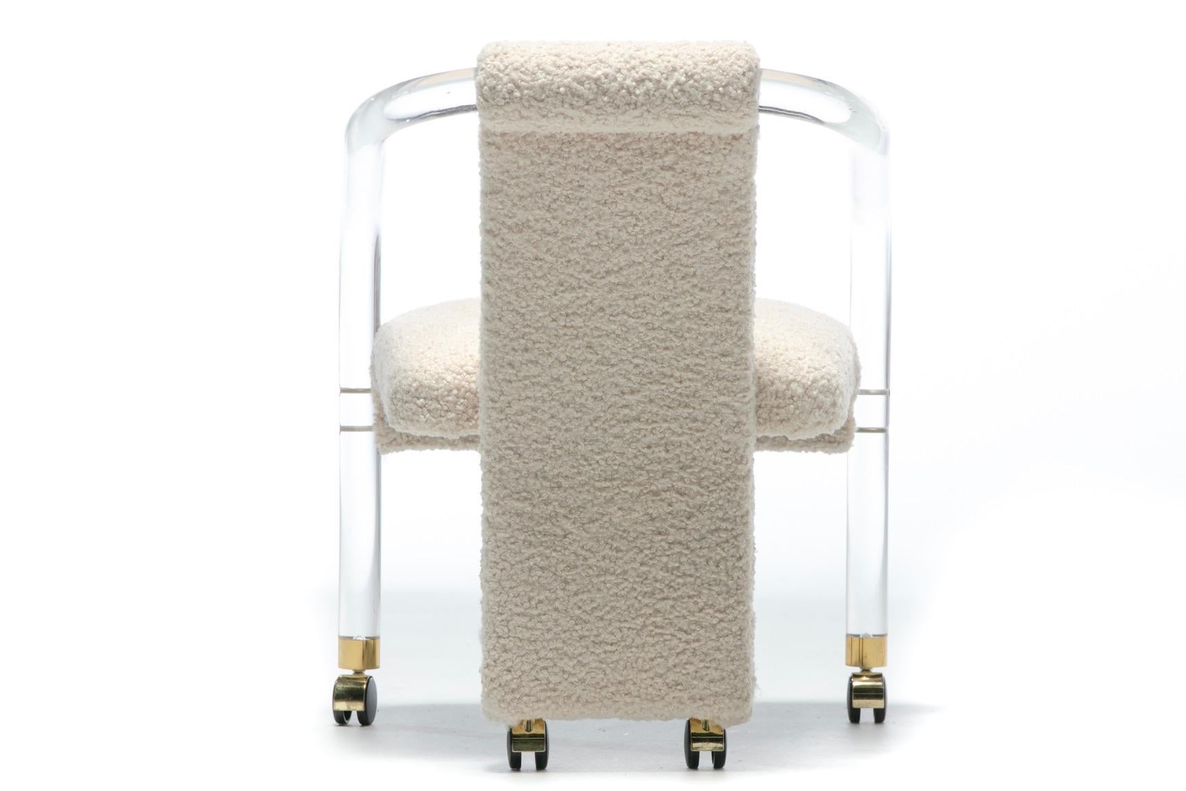 Sexy 1970s Lucite & Brass Set of Chairs in Ivory White Bouclé on Casters c. 1970 4